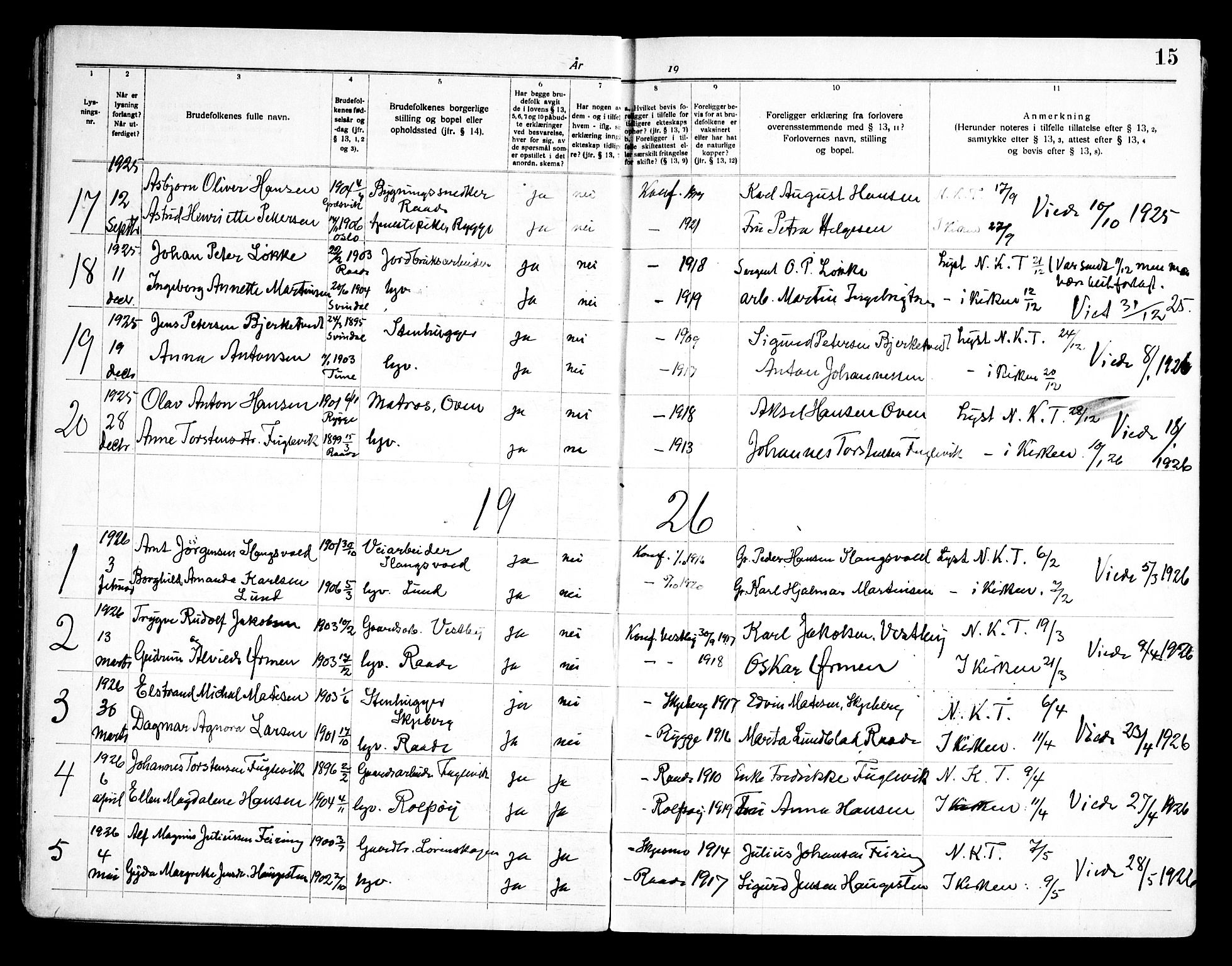 Råde prestekontor kirkebøker, SAO/A-2009/H/Ha/L0001: Banns register no. 1, 1919-1964, p. 15