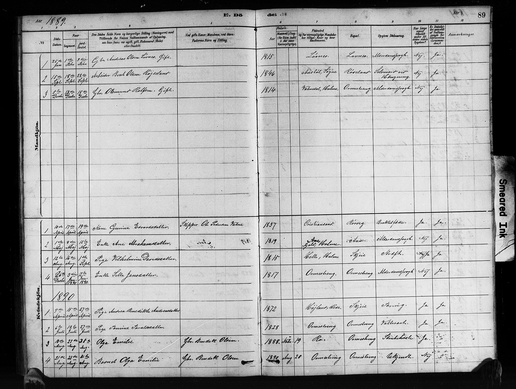 Mandal sokneprestkontor, SAK/1111-0030/F/Fb/Fbb/L0004: Parish register (copy) no. B 4, 1878-1913, p. 89