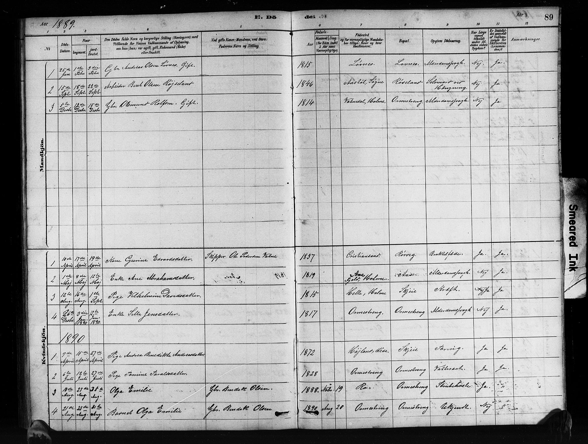 Mandal sokneprestkontor, AV/SAK-1111-0030/F/Fb/Fbb/L0004: Parish register (copy) no. B 4, 1878-1913, p. 89