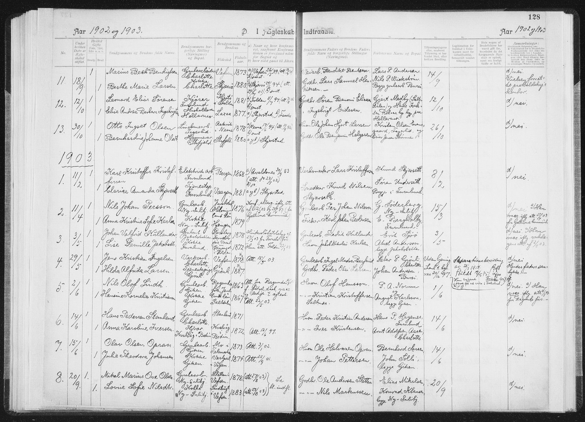 Ministerialprotokoller, klokkerbøker og fødselsregistre - Nordland, SAT/A-1459/850/L0711: Curate's parish register no. 850B01, 1902-1915, p. 128