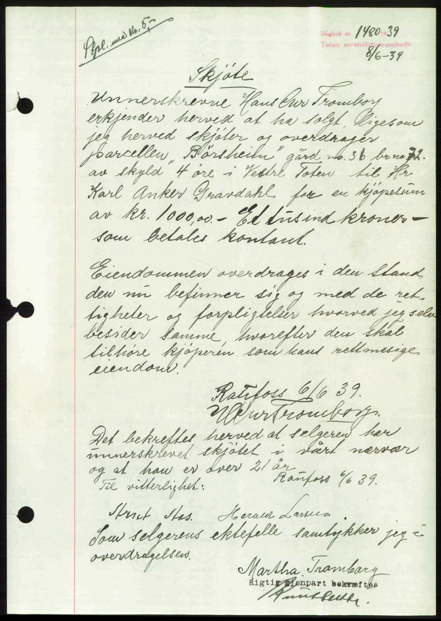 Toten tingrett, SAH/TING-006/H/Hb/Hbc/L0006: Mortgage book no. Hbc-06, 1939-1939, Diary no: : 1480/1939