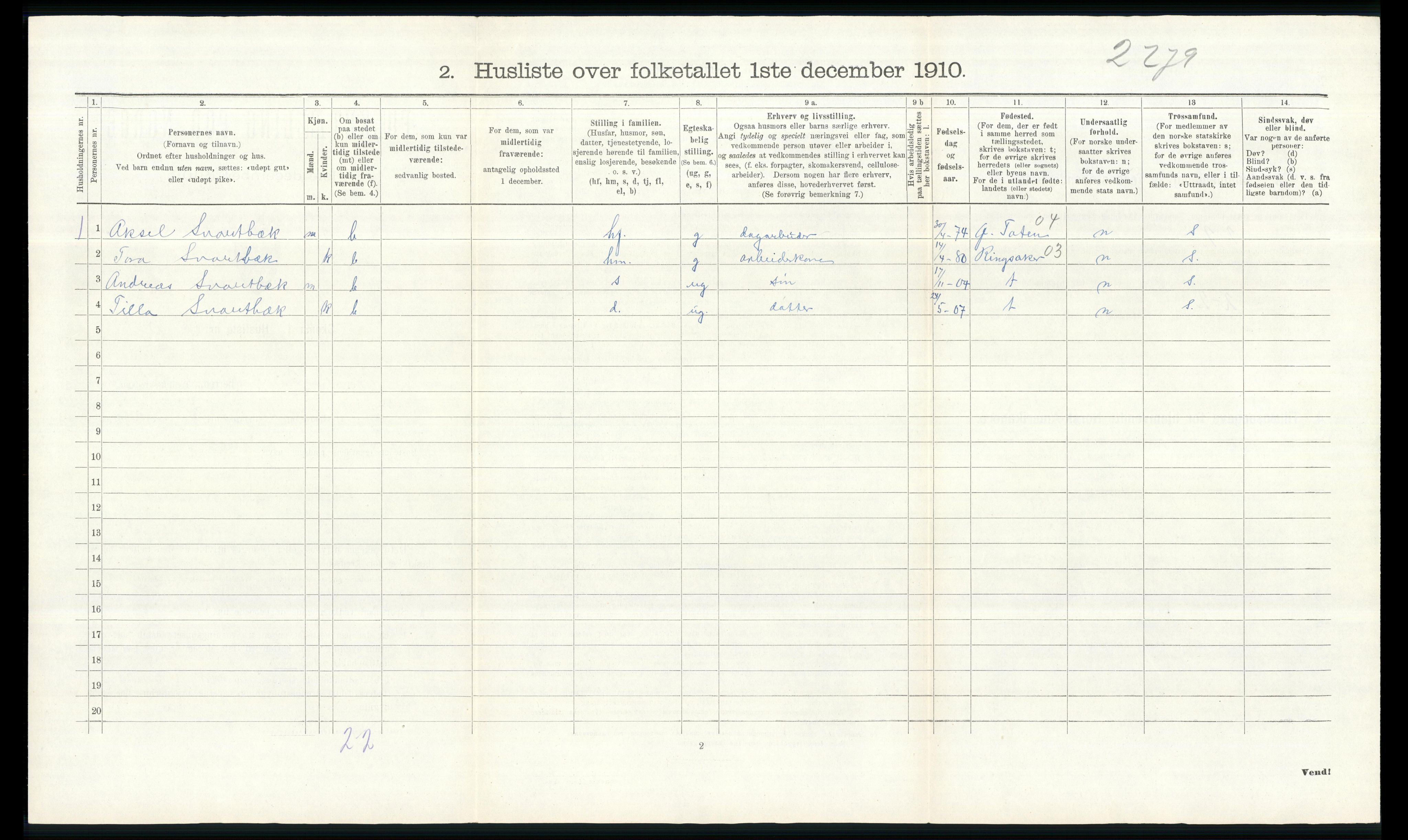 RA, 1910 census for Vardal, 1910, p. 819