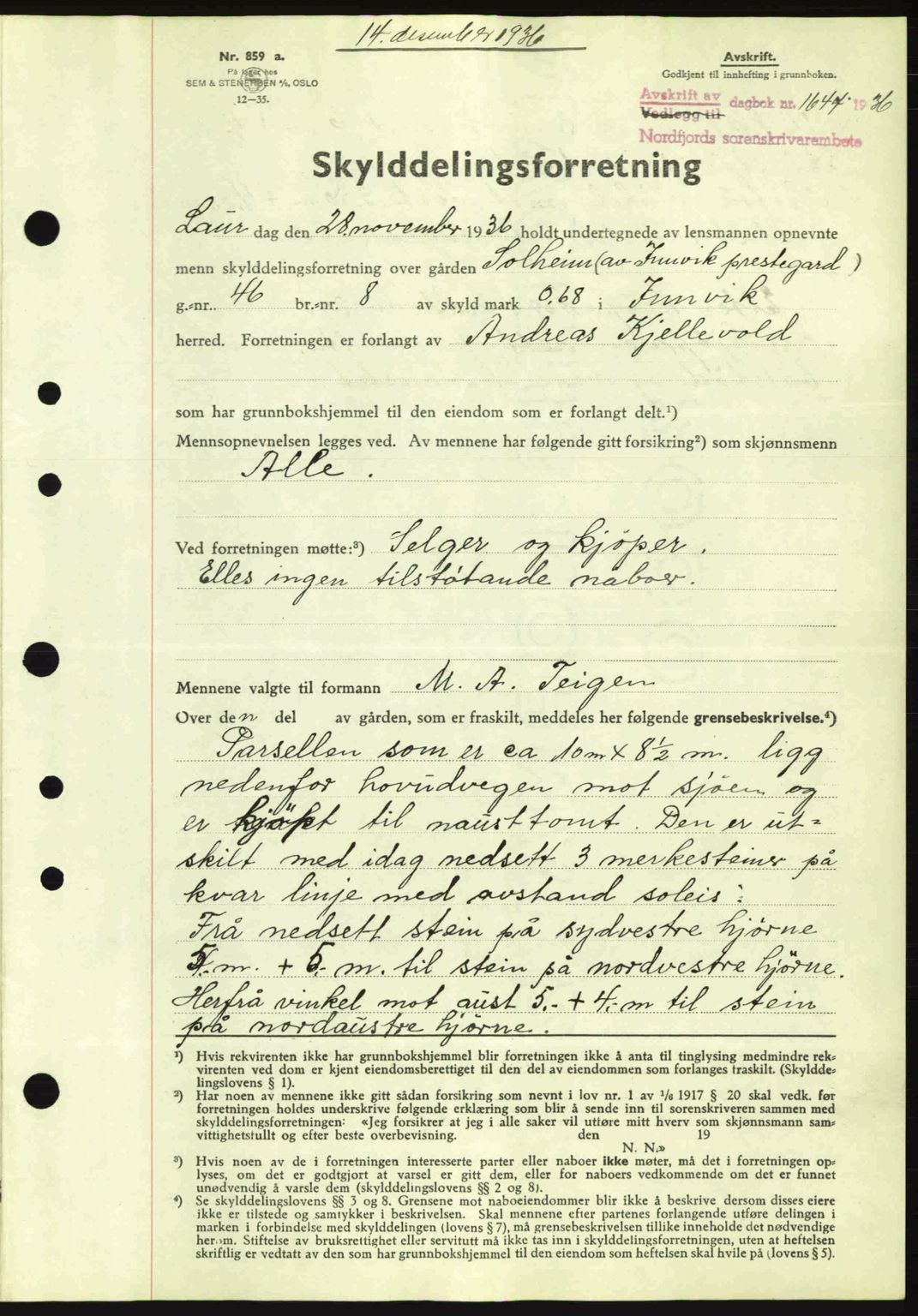 Nordfjord sorenskriveri, SAB/A-2801/02/02b/02bj/L0001: Mortgage book no. A1, 1936-1937, Diary no: : 1644/1936