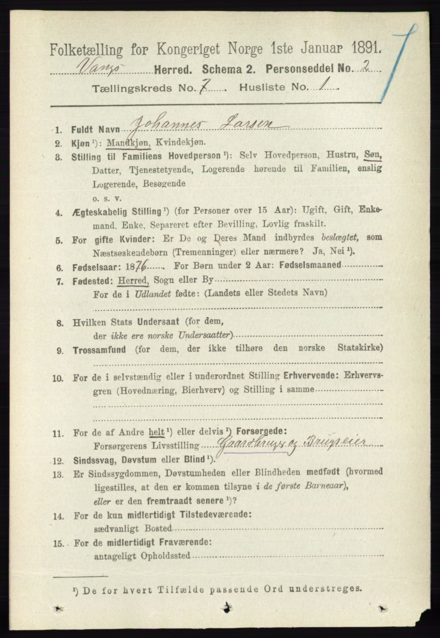 RA, 1891 census for 0414 Vang, 1891, p. 5027