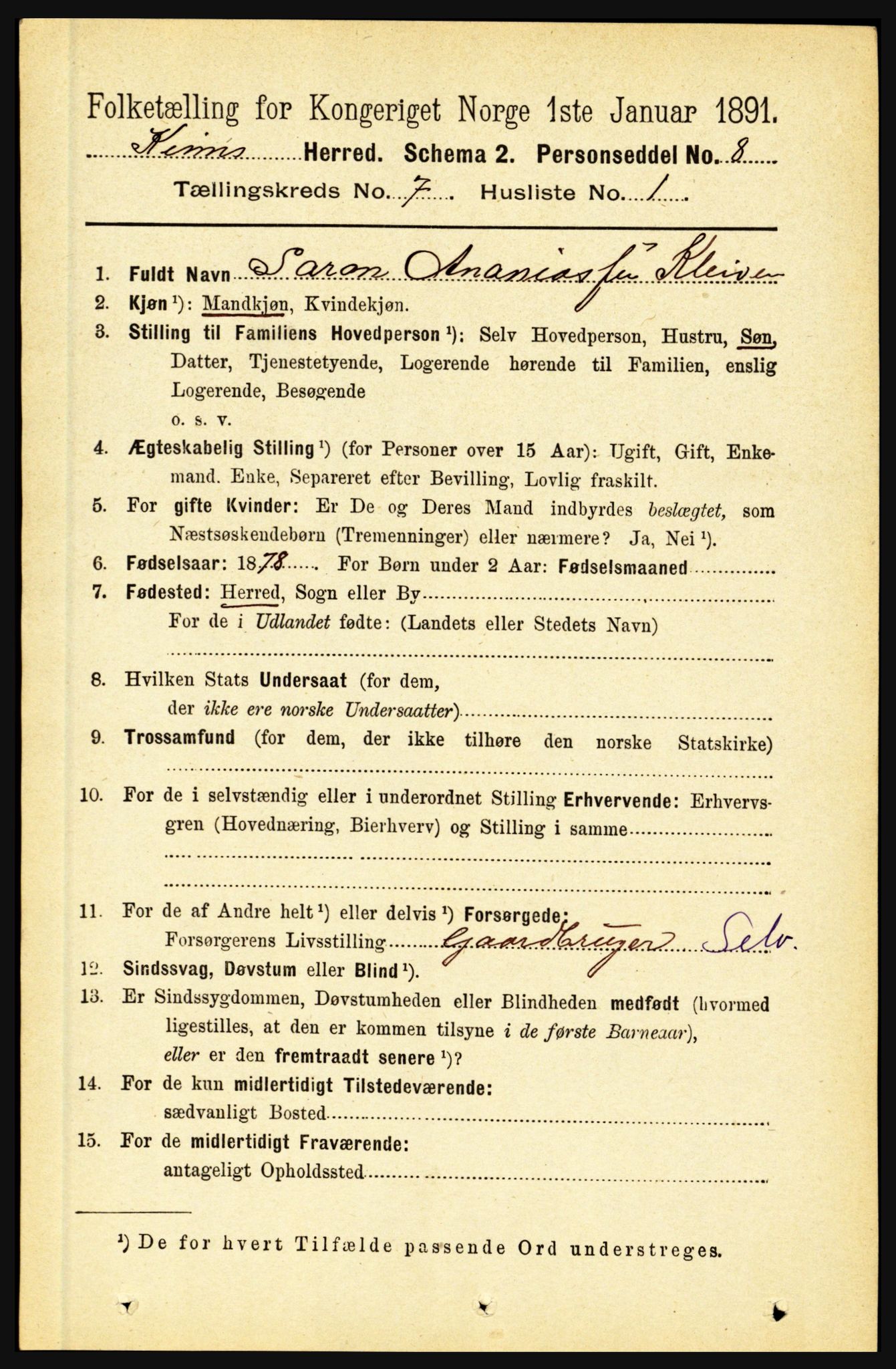 RA, 1891 census for 1437 Kinn, 1891, p. 2679