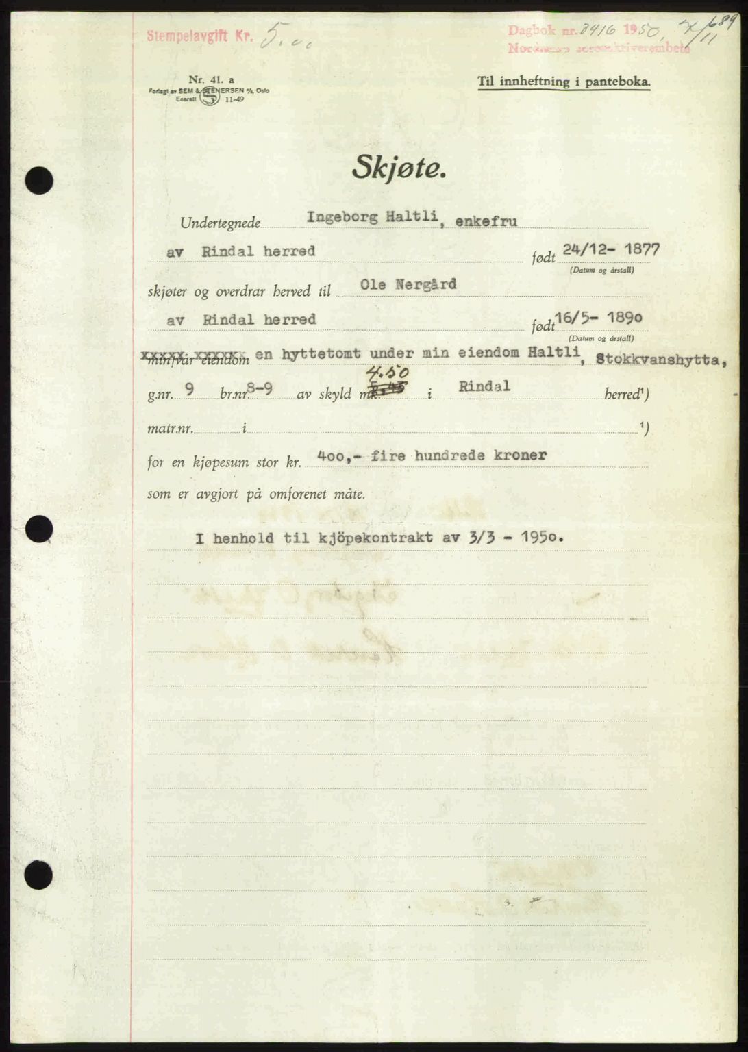 Nordmøre sorenskriveri, AV/SAT-A-4132/1/2/2Ca: Mortgage book no. A116, 1950-1950, Diary no: : 3416/1950