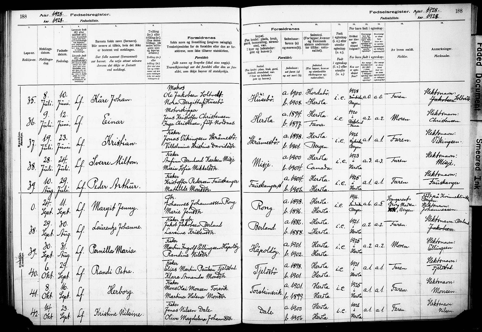 Herdla Sokneprestembete, AV/SAB-A-75701/I/Id/L00A1: Birth register no. A 1, 1916-1929, p. 188