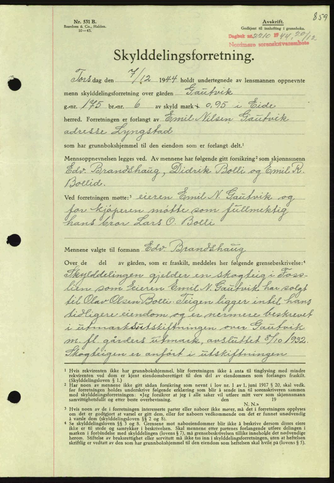 Nordmøre sorenskriveri, AV/SAT-A-4132/1/2/2Ca: Mortgage book no. A98, 1944-1944, Diary no: : 2210/1944