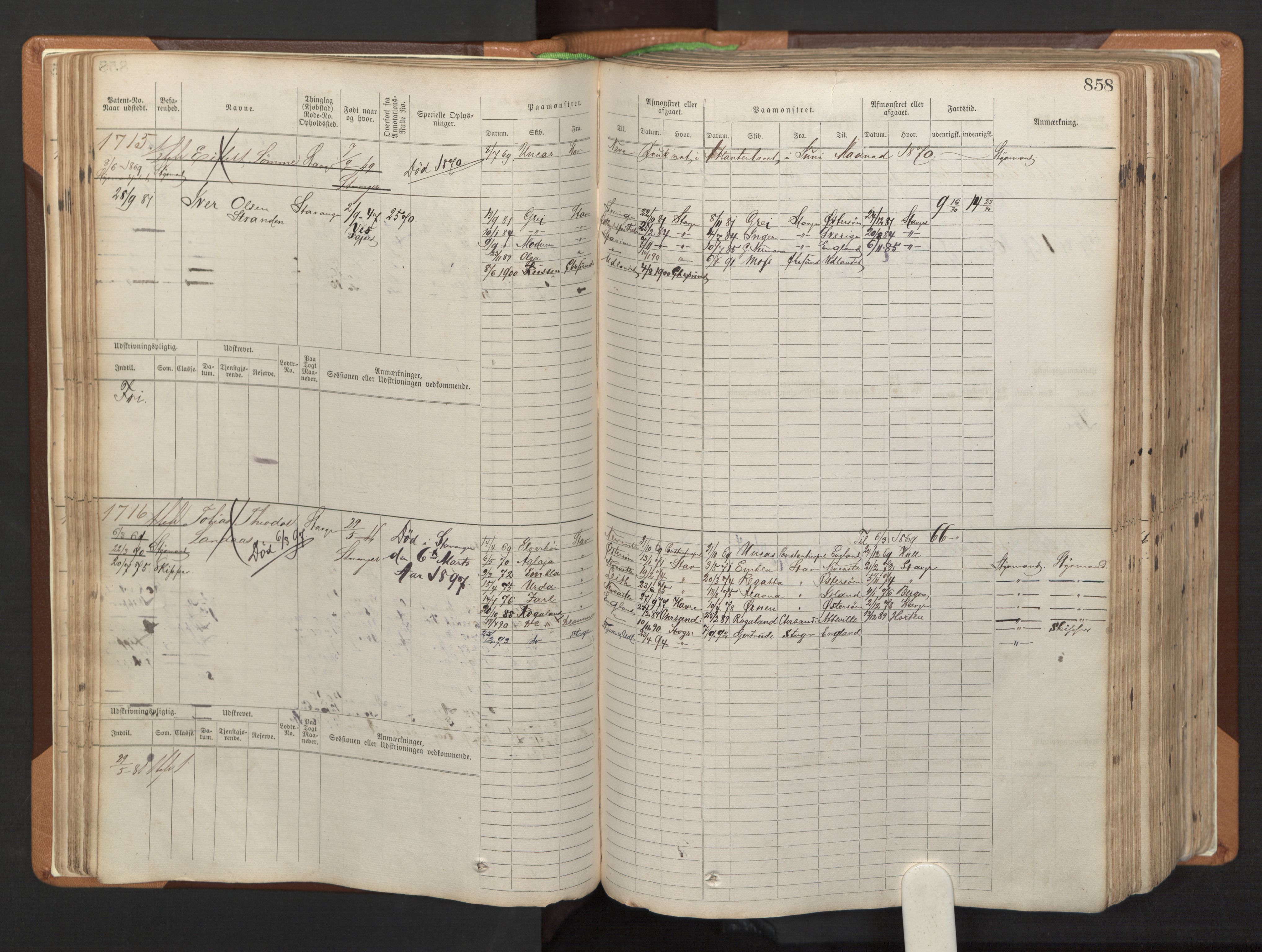 Stavanger sjømannskontor, AV/SAST-A-102006/F/Fb/Fbb/L0006: Sjøfartshovedrulle, patentnr. 1607-2402 (del 3), 1869-1880, p. 57