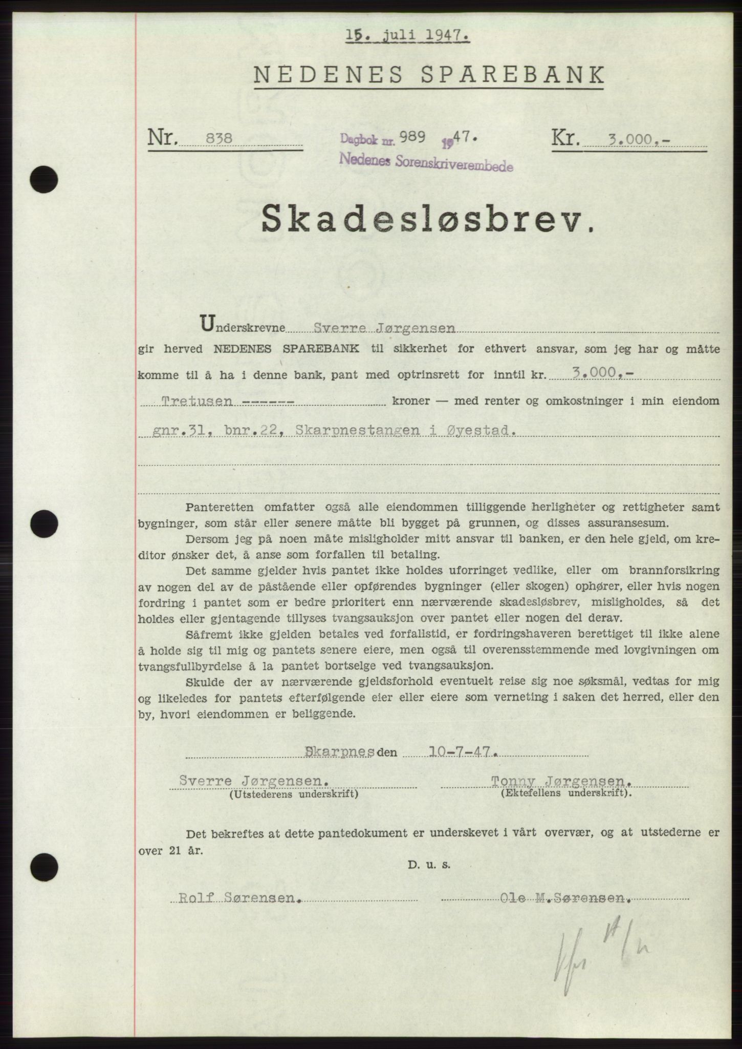 Nedenes sorenskriveri, AV/SAK-1221-0006/G/Gb/Gbb/L0004: Mortgage book no. B4, 1947-1947, Diary no: : 989/1947