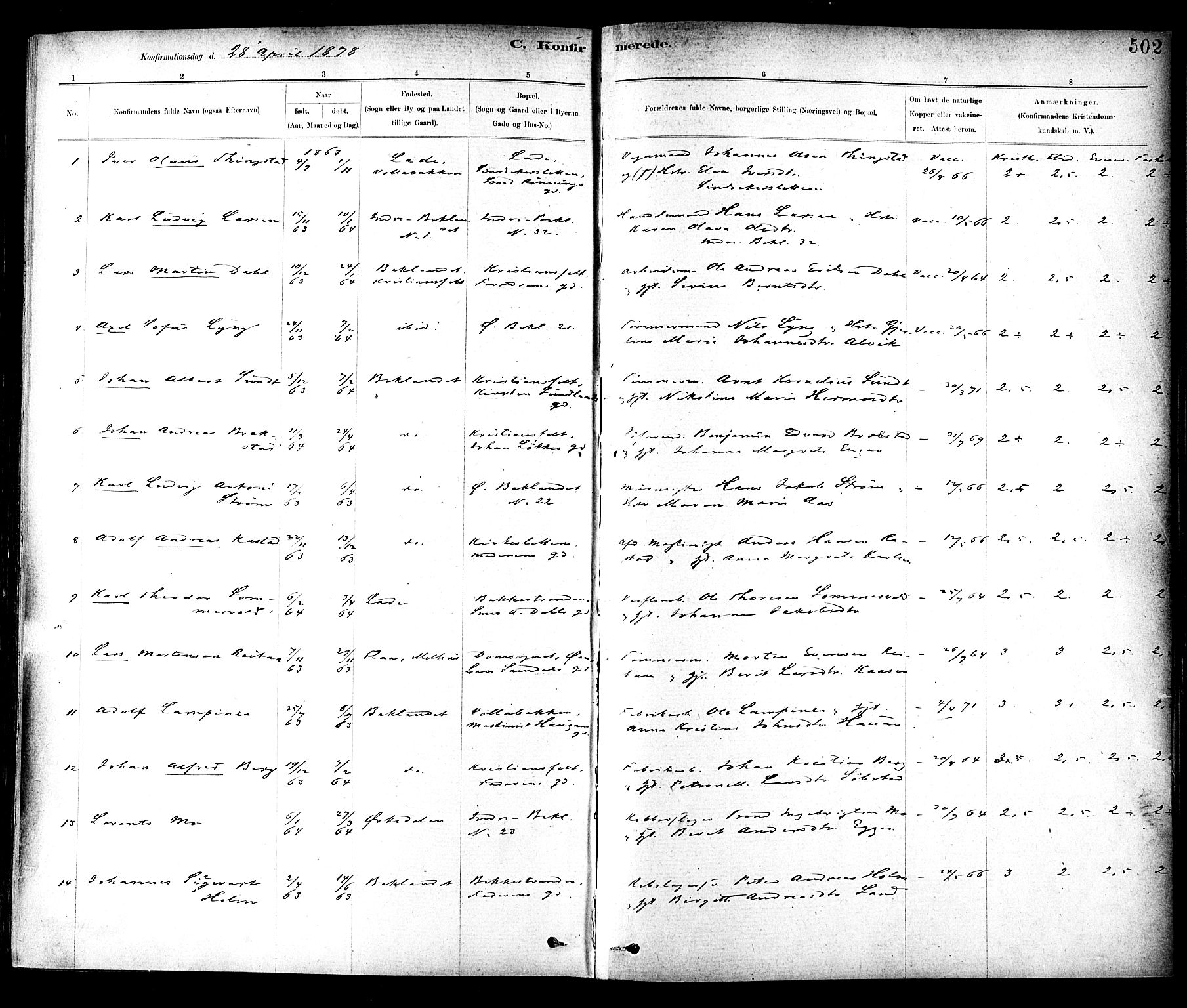 Ministerialprotokoller, klokkerbøker og fødselsregistre - Sør-Trøndelag, SAT/A-1456/604/L0188: Parish register (official) no. 604A09, 1878-1892, p. 502