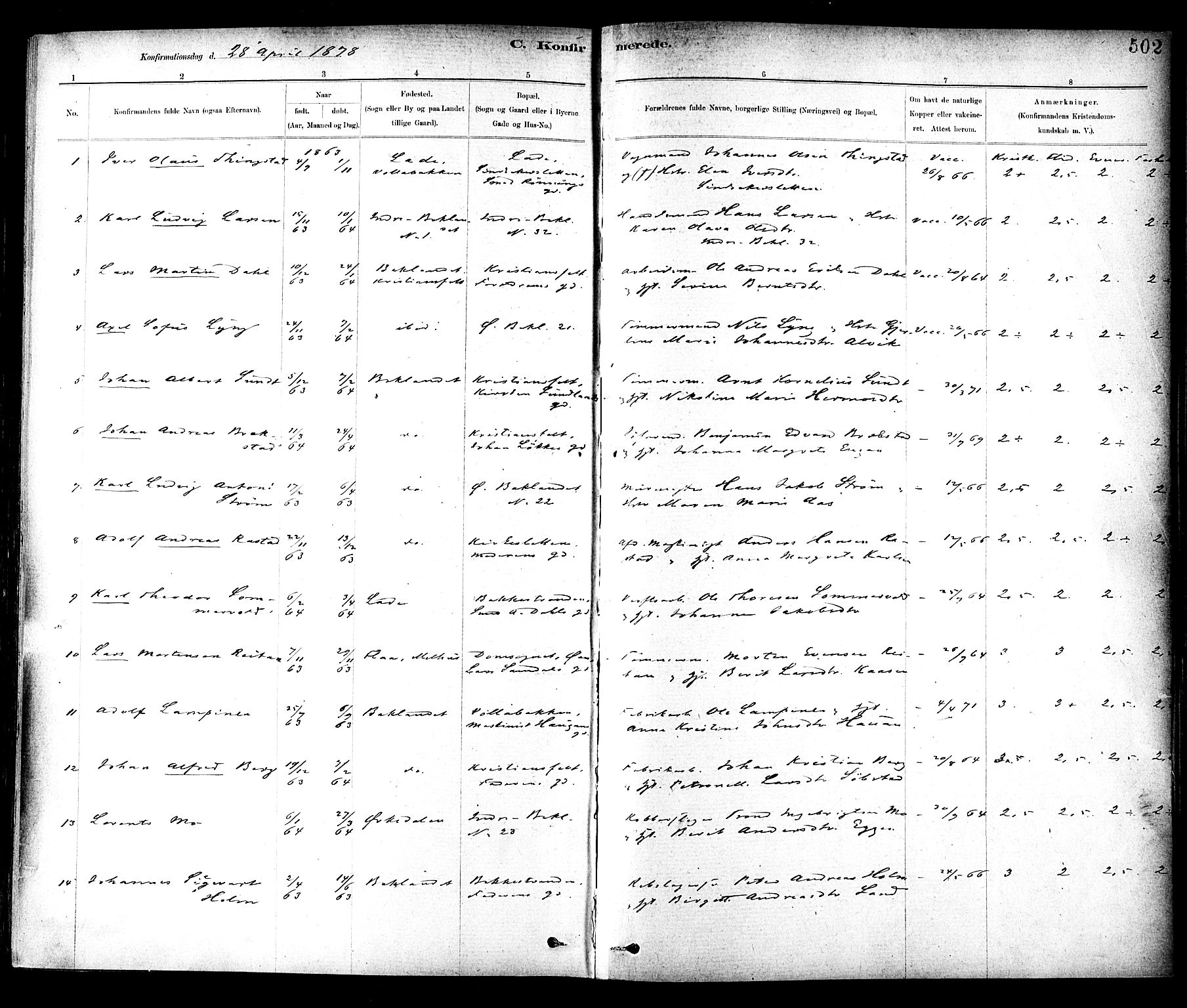 Ministerialprotokoller, klokkerbøker og fødselsregistre - Sør-Trøndelag, AV/SAT-A-1456/604/L0188: Parish register (official) no. 604A09, 1878-1892, p. 502