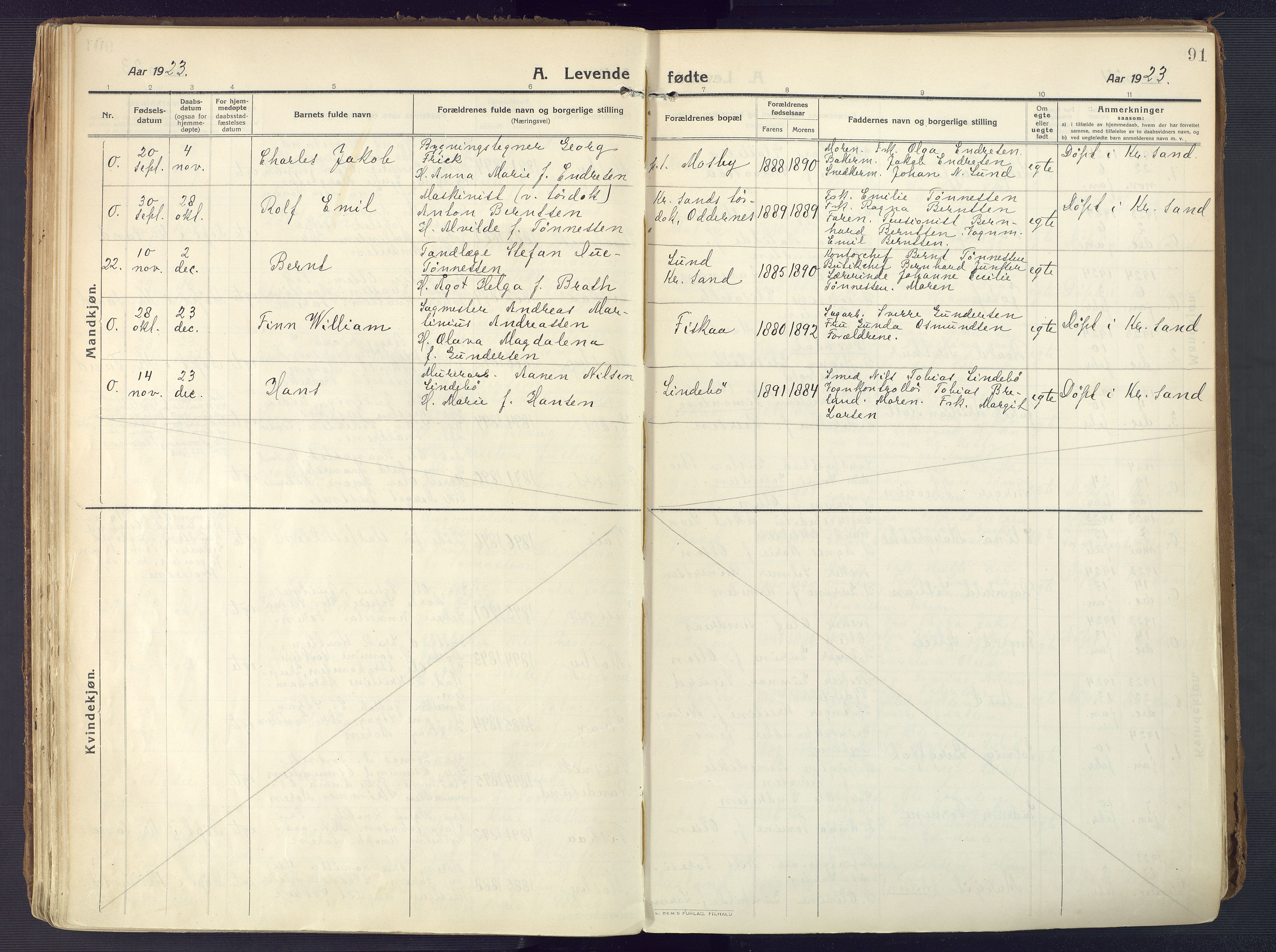 Oddernes sokneprestkontor, AV/SAK-1111-0033/F/Fa/Faa/L0012: Parish register (official) no. A 12, 1912-1925, p. 91