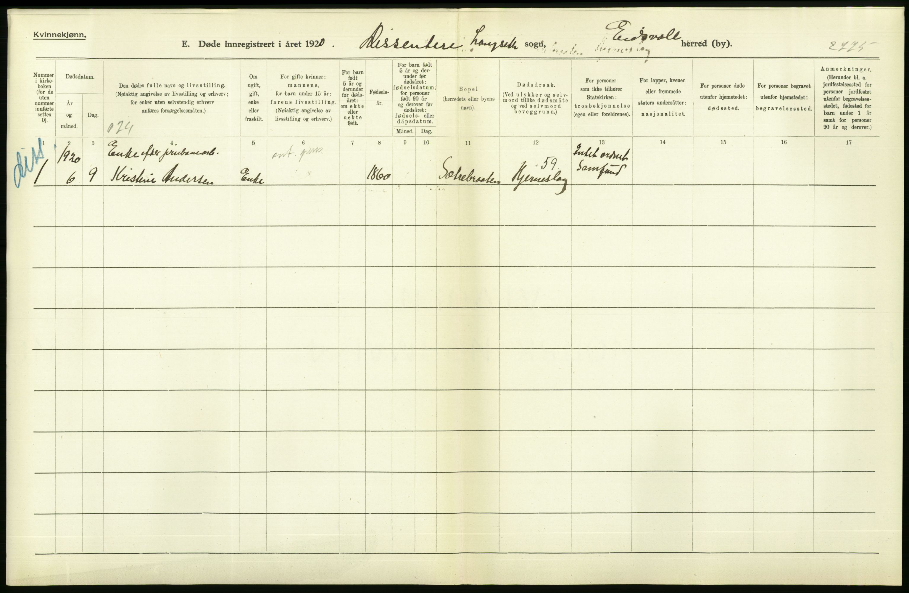 Statistisk sentralbyrå, Sosiodemografiske emner, Befolkning, AV/RA-S-2228/D/Df/Dfb/Dfbj/L0007: Akershus fylke: Døde. Bygder og byer., 1920, p. 464