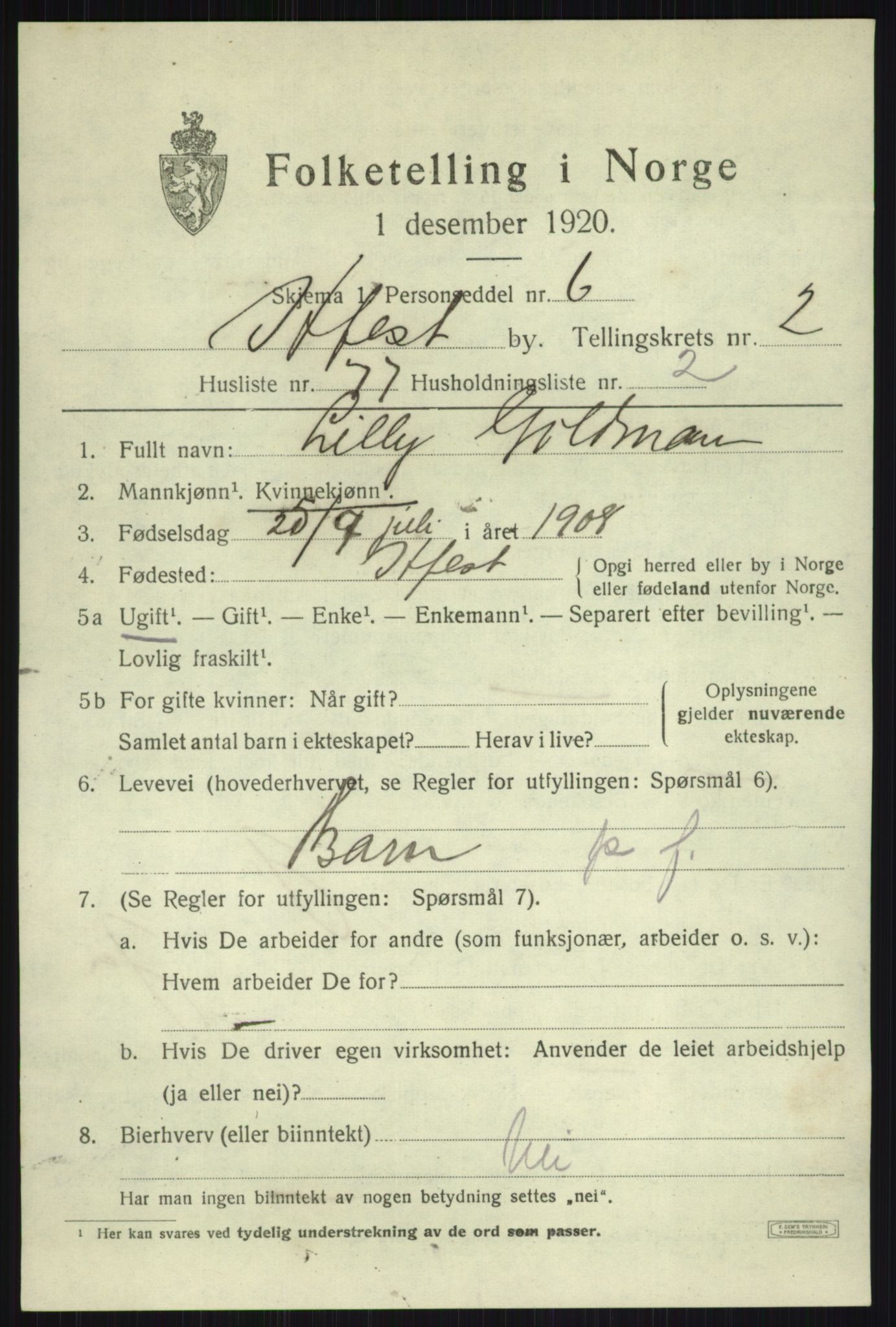 SATØ, 1920 census for Hammerfest, 1920, p. 7579