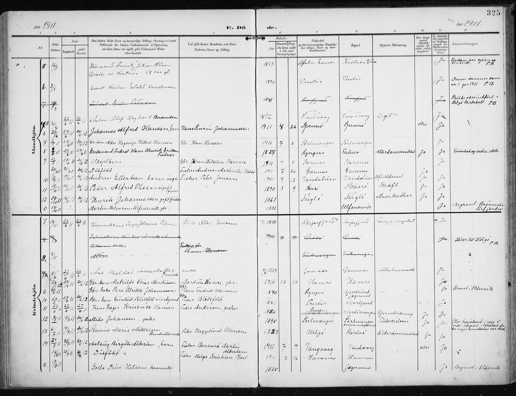 Karlsøy sokneprestembete, AV/SATØ-S-1299/H/Ha/Haa/L0014kirke: Parish register (official) no. 14, 1903-1917, p. 325