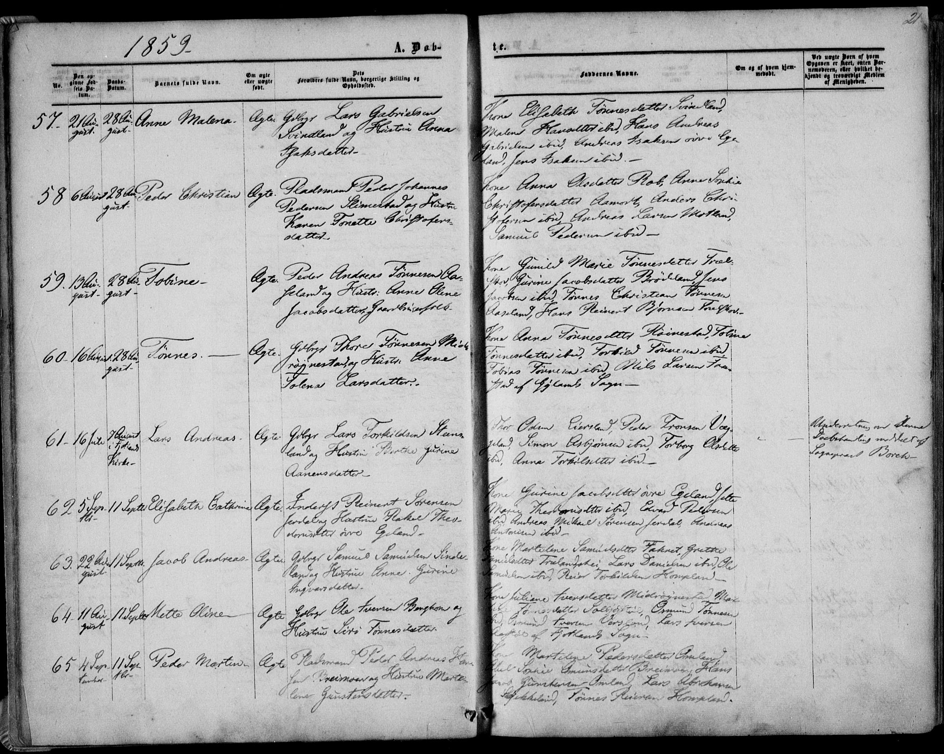 Kvinesdal sokneprestkontor, SAK/1111-0026/F/Fa/Fab/L0006: Parish register (official) no. A 6, 1857-1869, p. 21