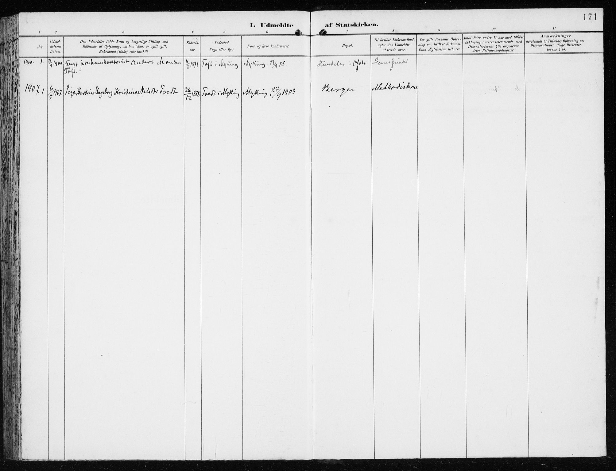 Lindås Sokneprestembete, SAB/A-76701/H/Haa: Parish register (official) no. F  2, 1897-1909, p. 171