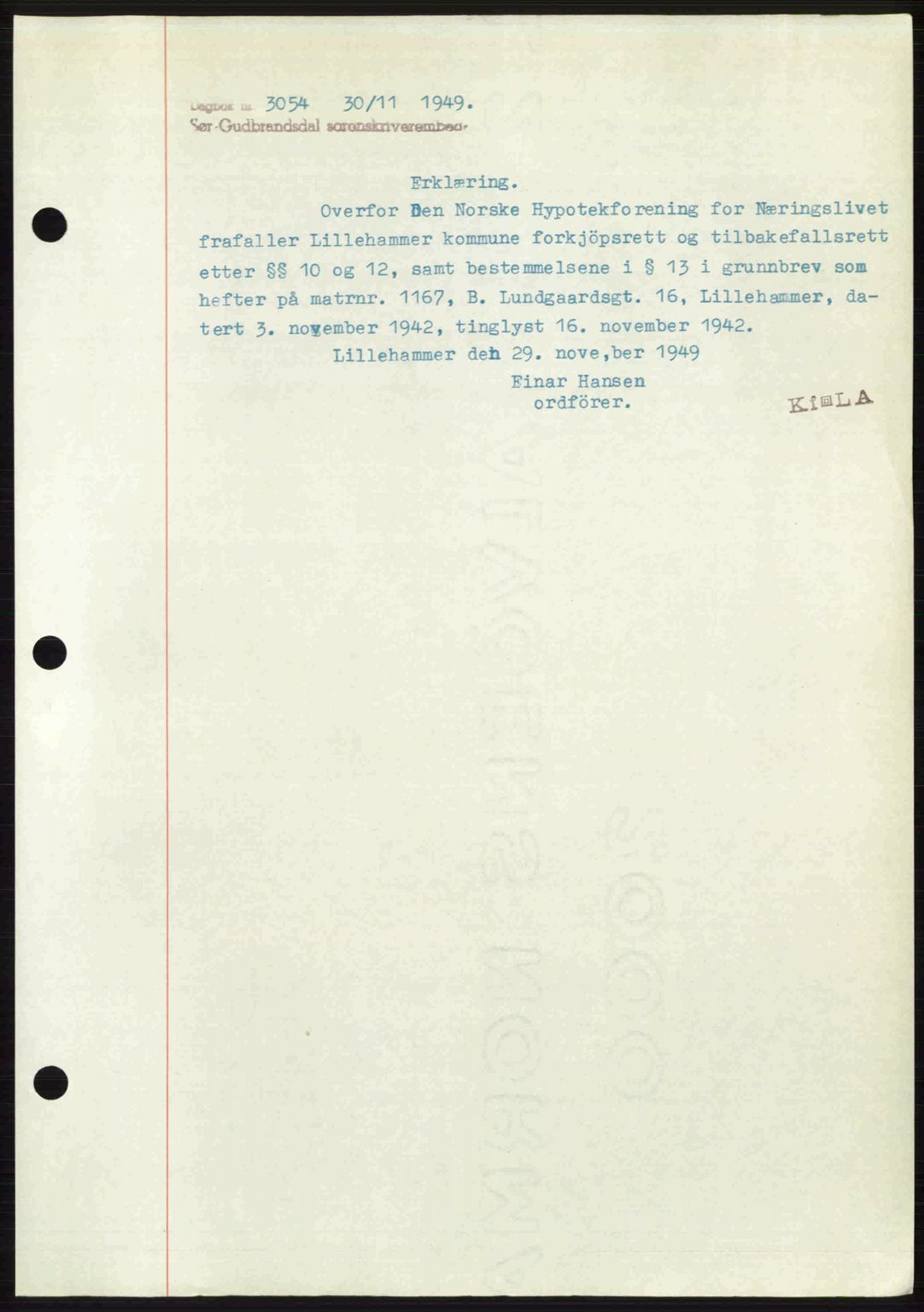 Sør-Gudbrandsdal tingrett, AV/SAH-TING-004/H/Hb/Hbd/L0026: Mortgage book no. A26, 1949-1949, Diary no: : 3054/1949