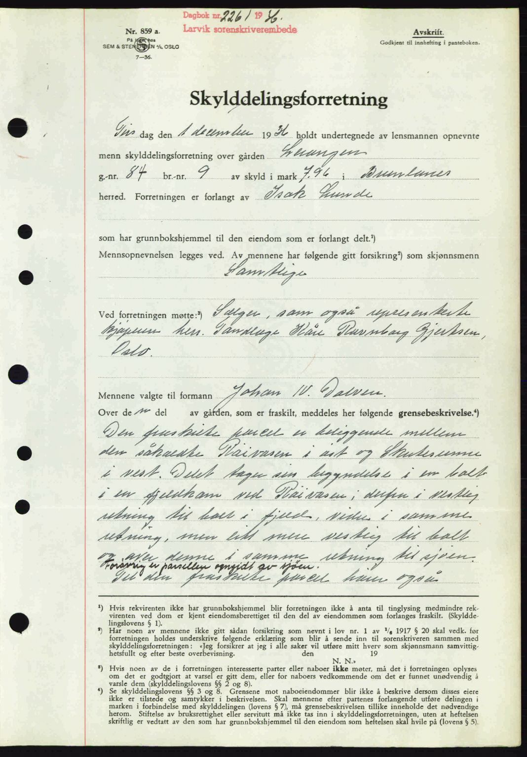 Larvik sorenskriveri, SAKO/A-83/G/Ga/Gab/L0067: Mortgage book no. A-1, 1936-1937, Diary no: : 2261/1936