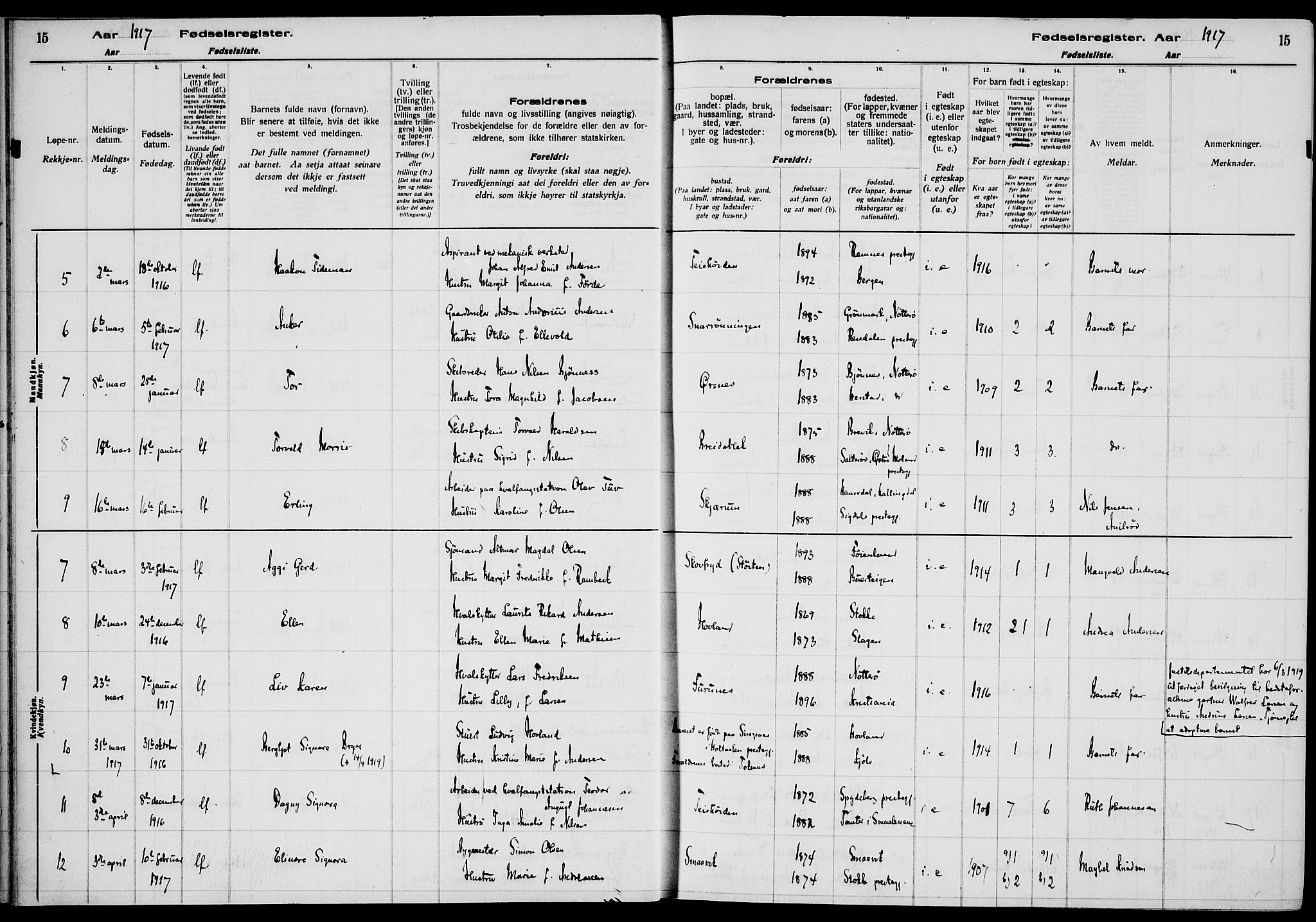 Nøtterøy kirkebøker, AV/SAKO-A-354/J/Ja/L0001: Birth register no. 1, 1916-1928, p. 15