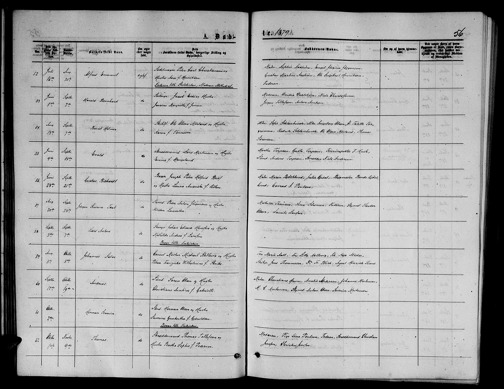 Arendal sokneprestkontor, Trefoldighet, SAK/1111-0040/F/Fb/L0005: Parish register (copy) no. B 5, 1874-1888, p. 56