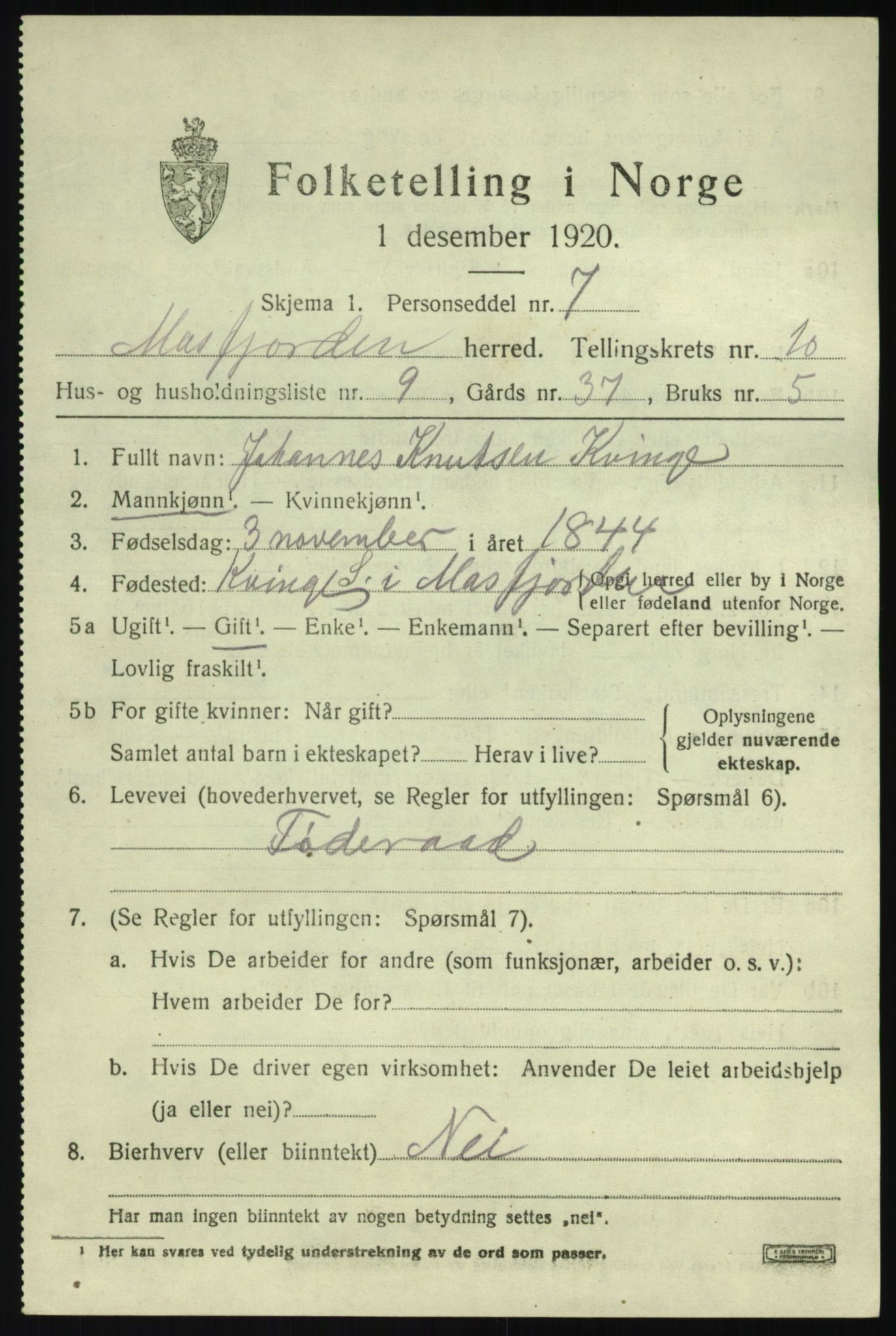 SAB, 1920 census for Masfjorden, 1920, p. 3801