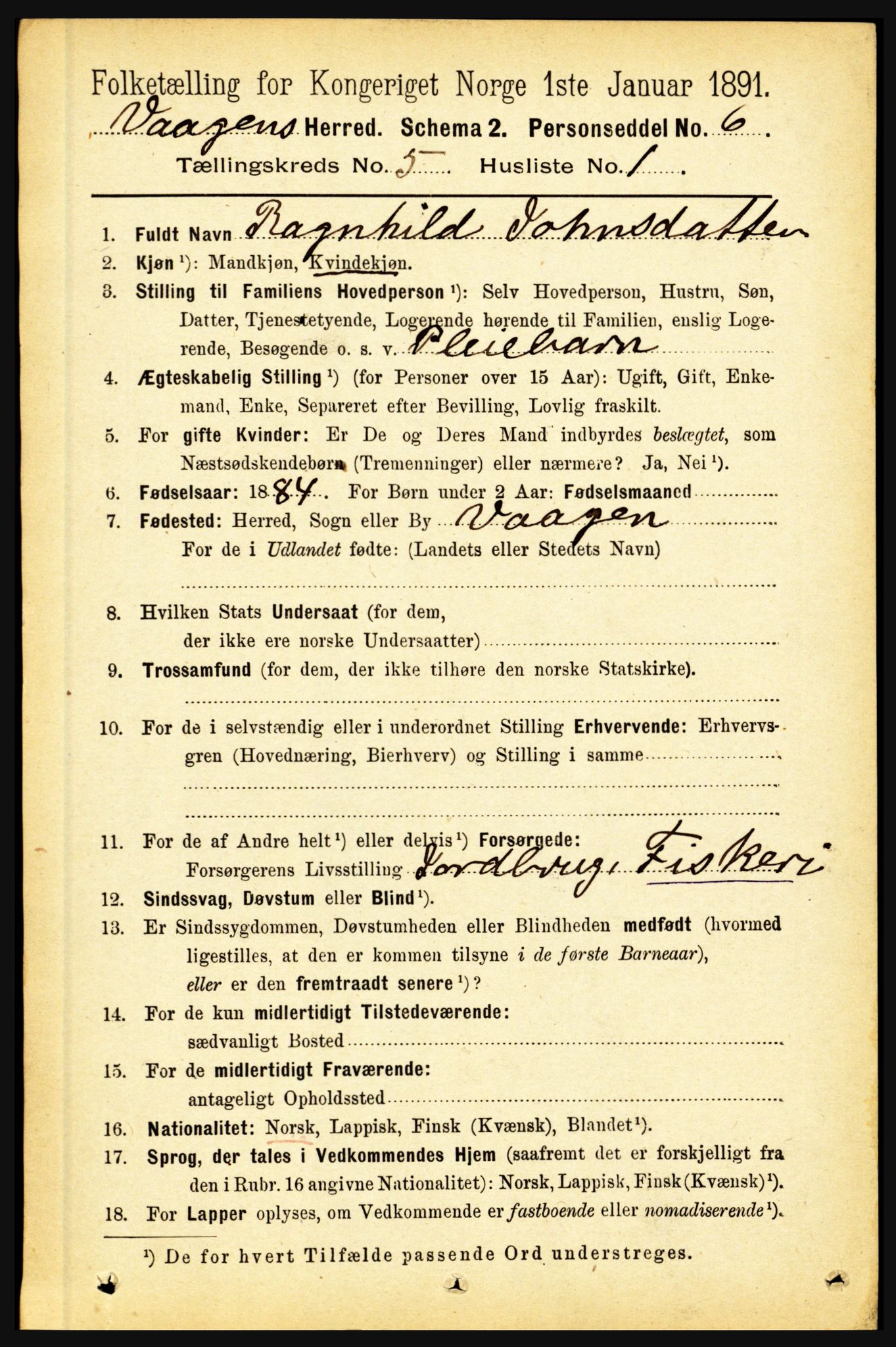 RA, 1891 census for 1865 Vågan, 1891, p. 1578