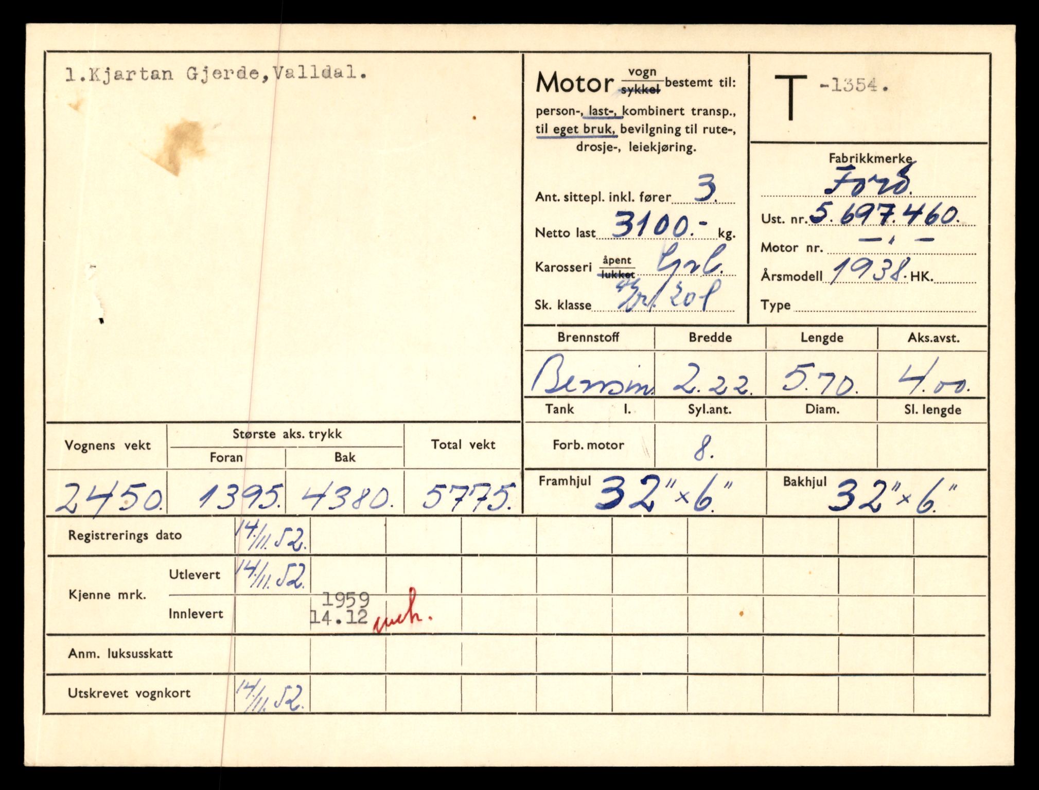 Møre og Romsdal vegkontor - Ålesund trafikkstasjon, AV/SAT-A-4099/F/Fe/L0012: Registreringskort for kjøretøy T 1290 - T 1450, 1927-1998, p. 1460