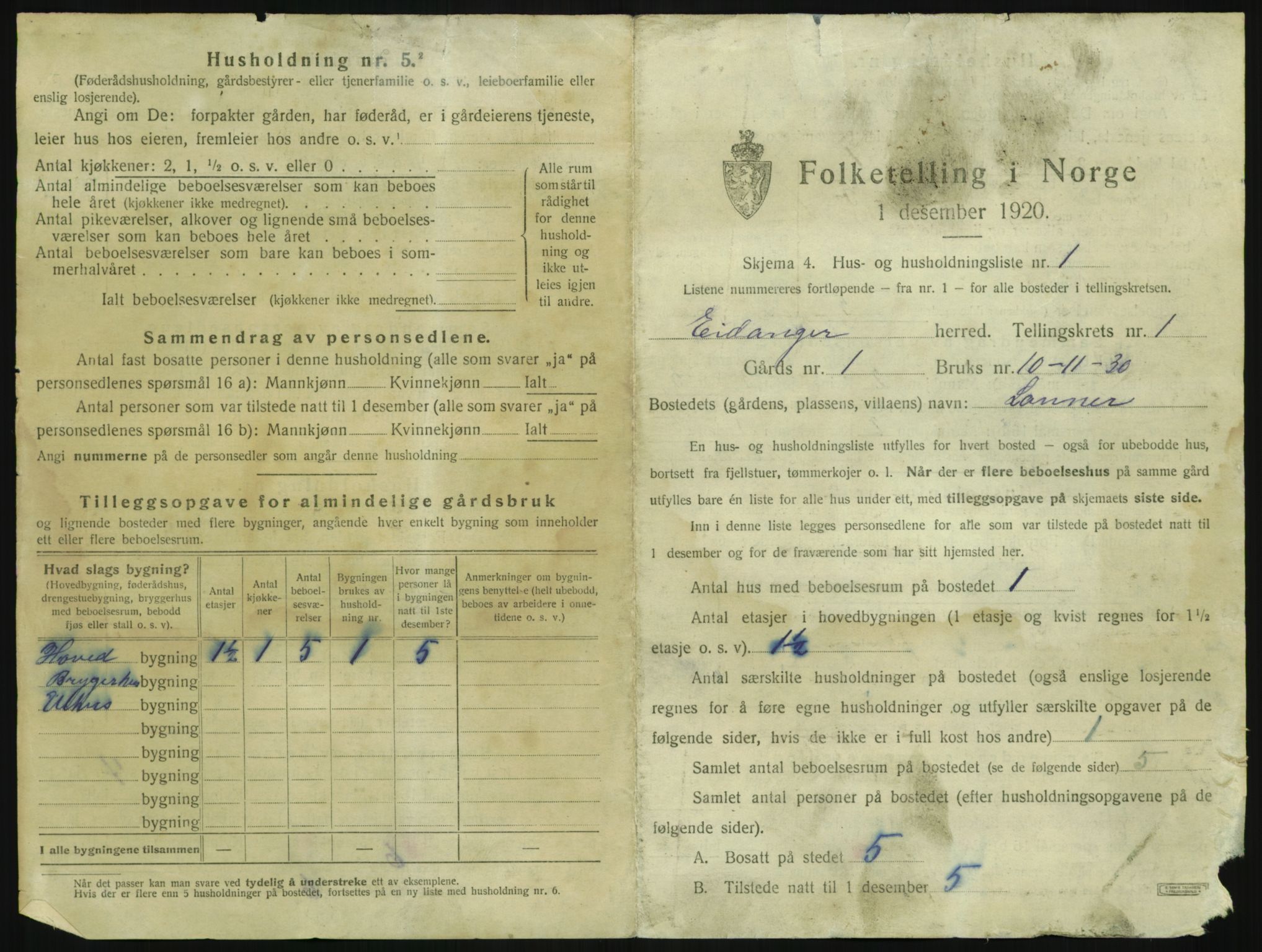 SAKO, 1920 census for Eidanger, 1920, p. 52