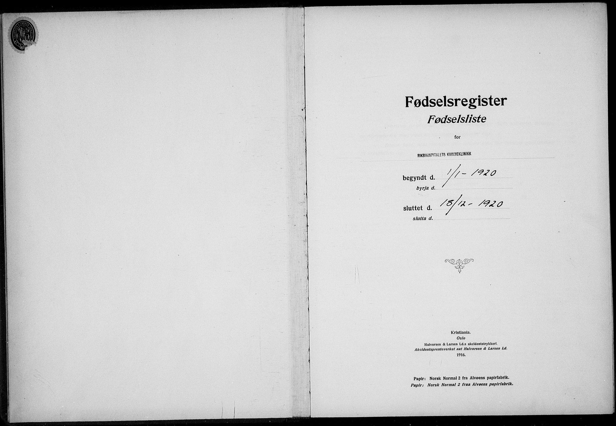 Rikshospitalet prestekontor Kirkebøker, AV/SAO-A-10309b/J/L0005: Birth register no. 5, 1920-1920