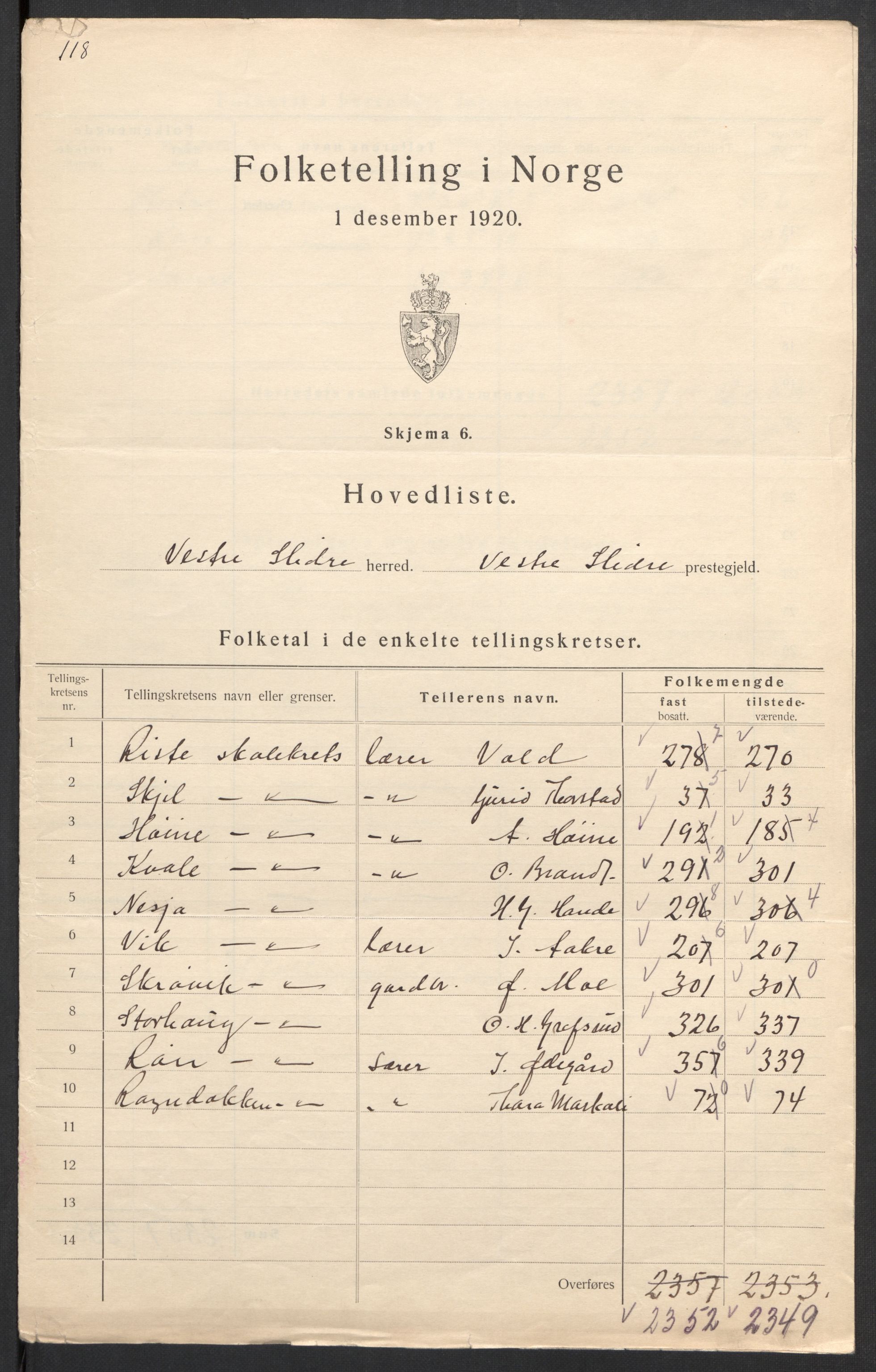 SAH, 1920 census for Vestre Slidre, 1920, p. 3