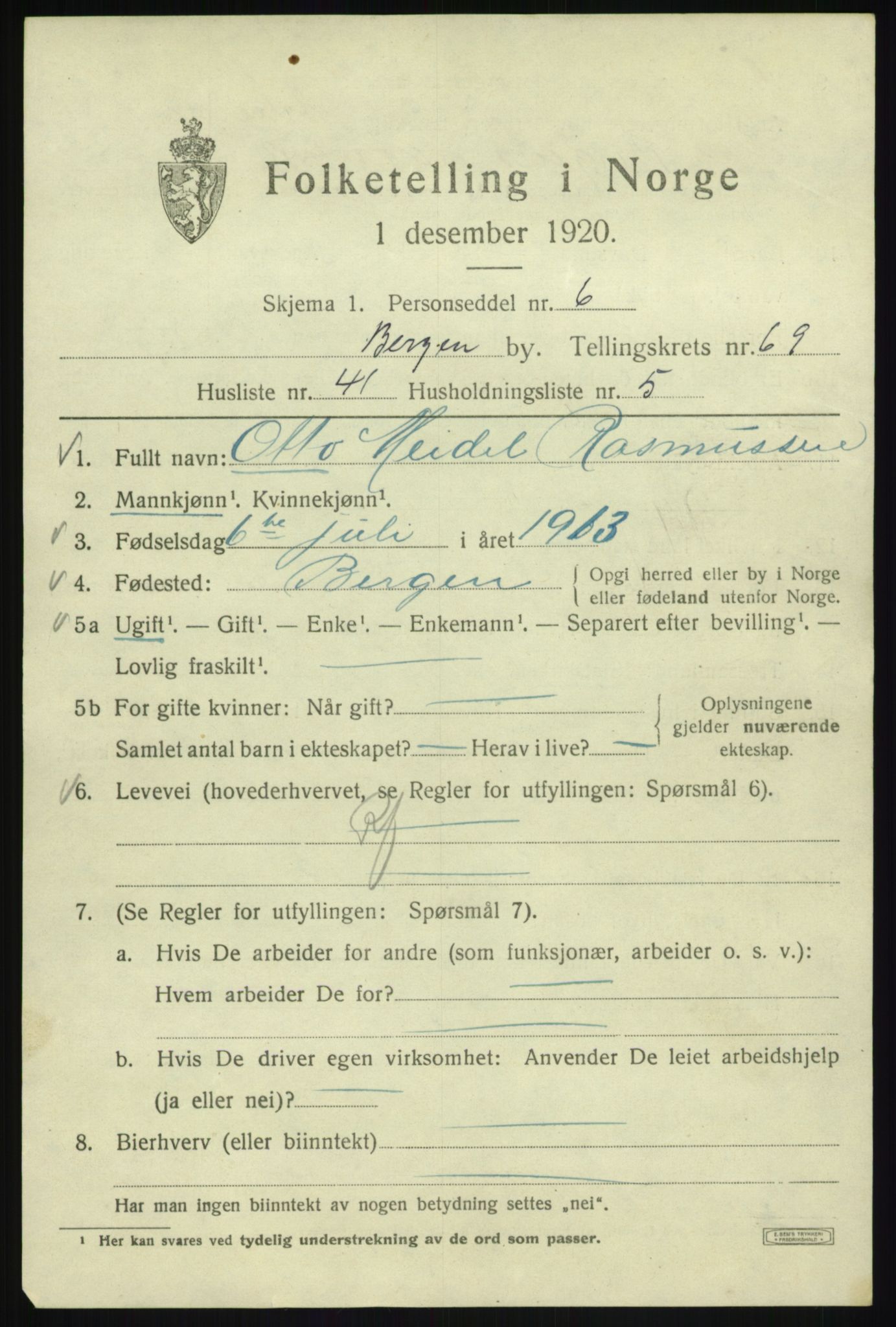 SAB, 1920 census for Bergen, 1920, p. 138906