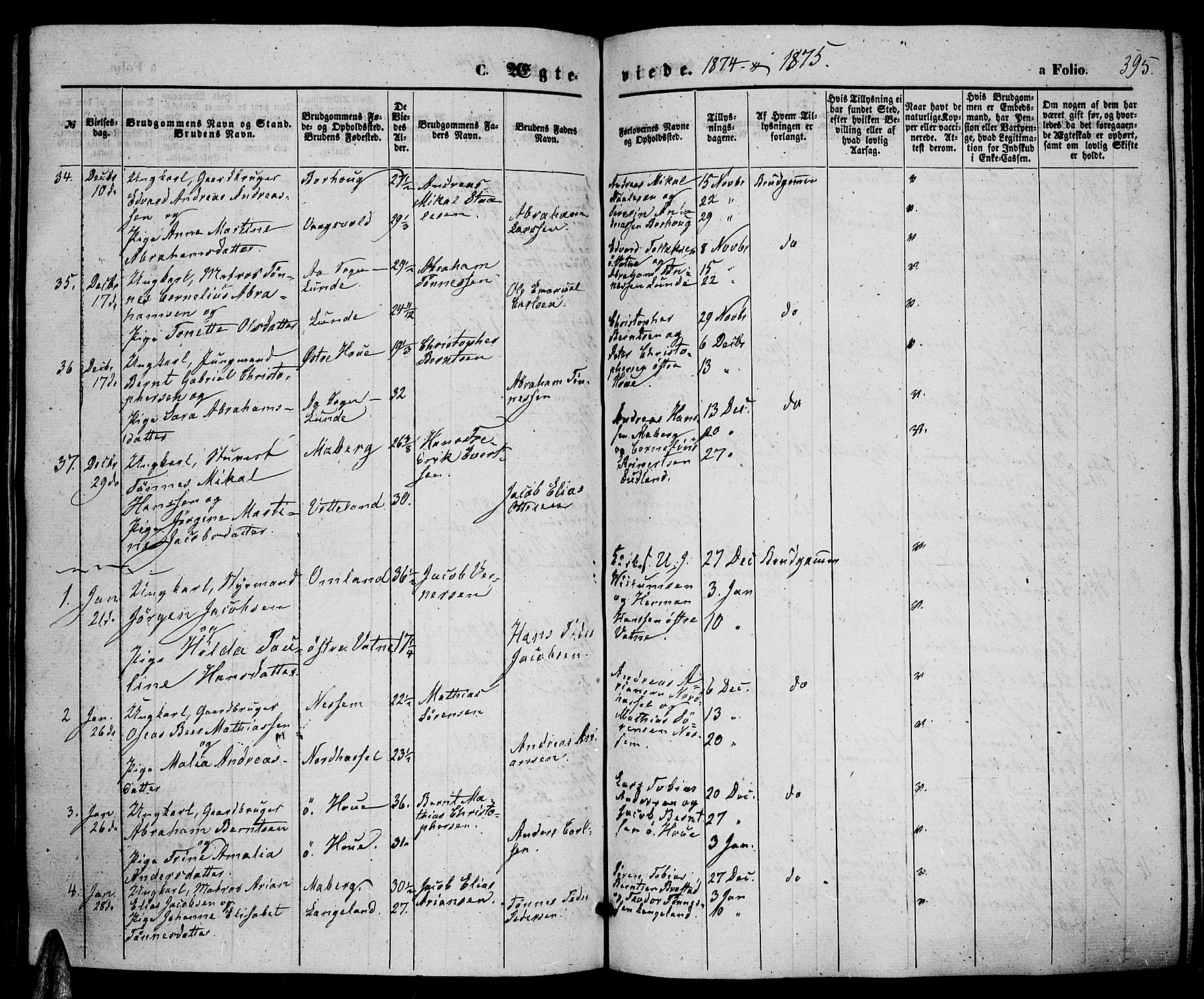 Lista sokneprestkontor, SAK/1111-0027/F/Fb/L0003: Parish register (copy) no. B 3, 1862-1877, p. 395
