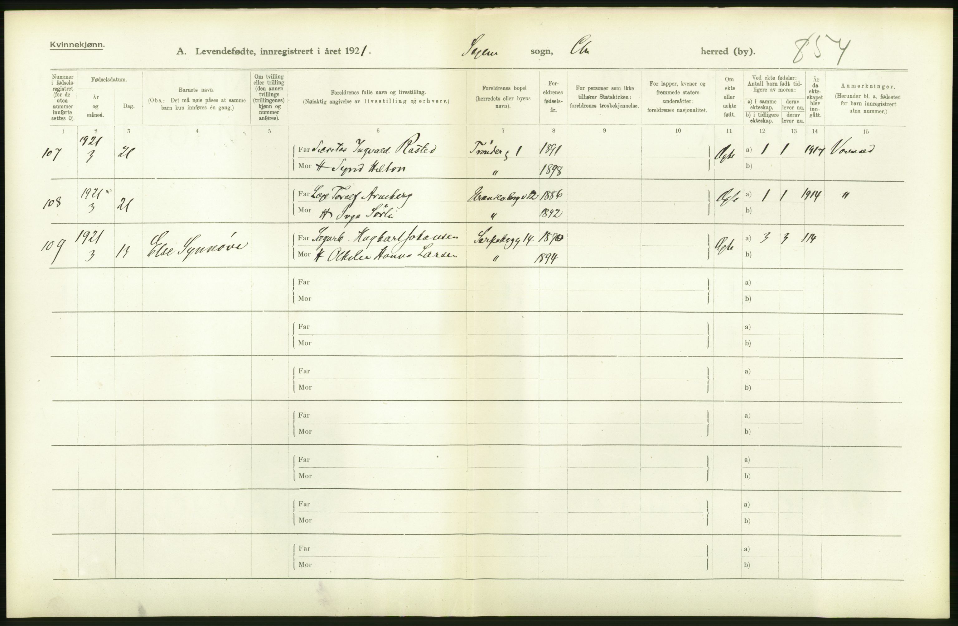 Statistisk sentralbyrå, Sosiodemografiske emner, Befolkning, AV/RA-S-2228/D/Df/Dfc/Dfca/L0010: Kristiania: Levendefødte menn og kvinner., 1921, p. 256