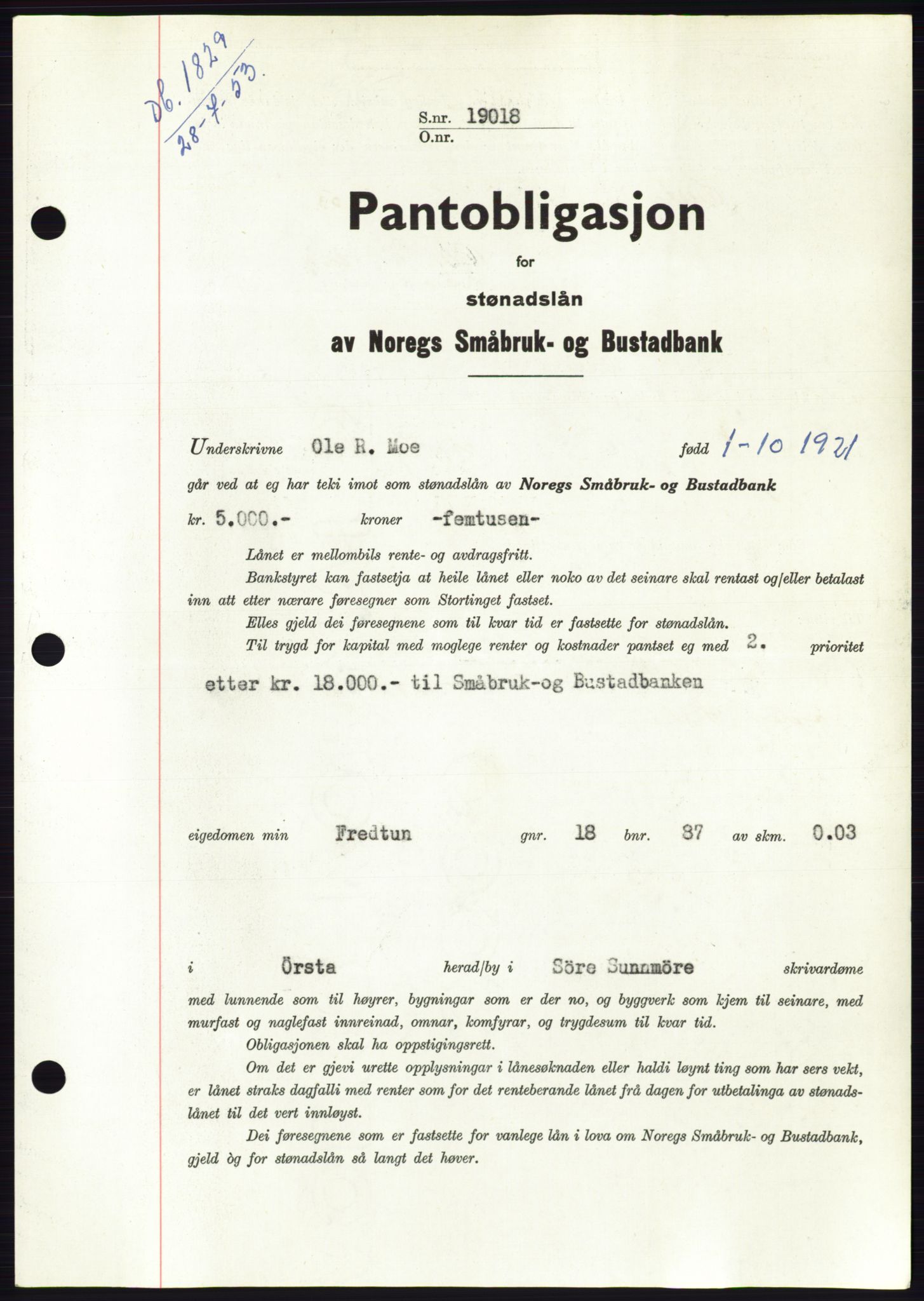 Søre Sunnmøre sorenskriveri, AV/SAT-A-4122/1/2/2C/L0123: Mortgage book no. 11B, 1953-1953, Diary no: : 1829/1953