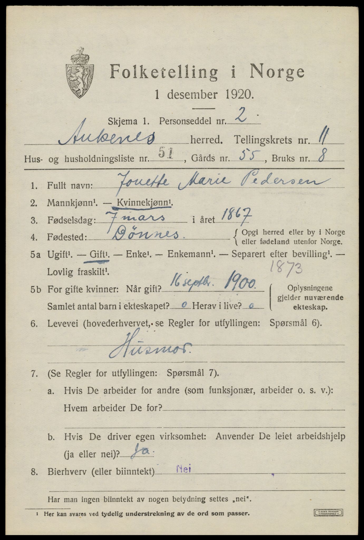 SAT, 1920 census for Ankenes, 1920, p. 6363