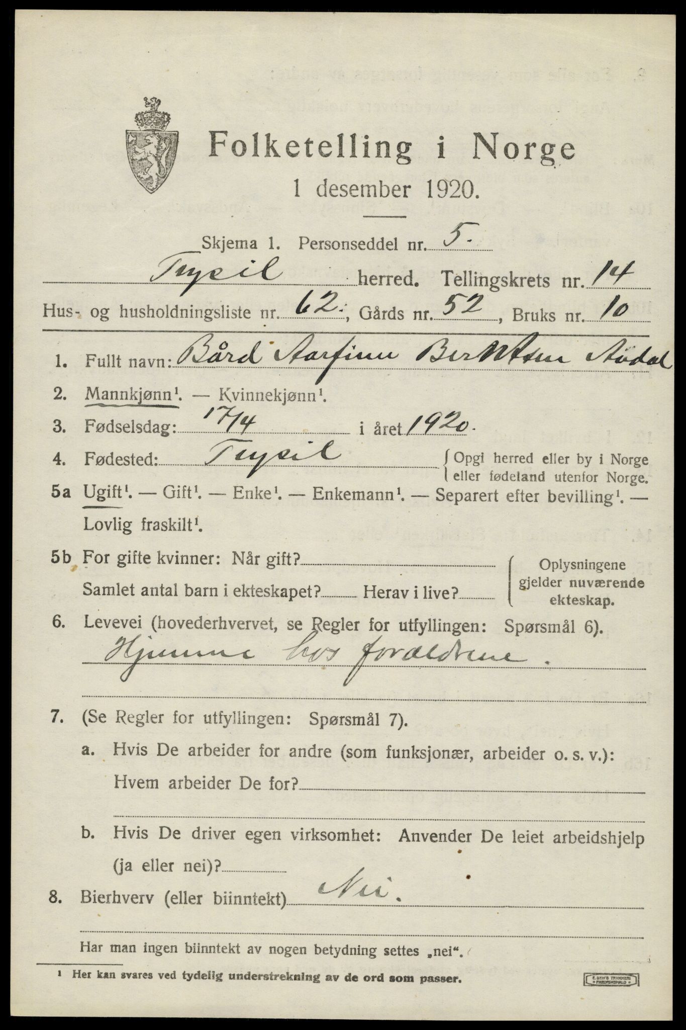 SAH, 1920 census for Trysil, 1920, p. 8685