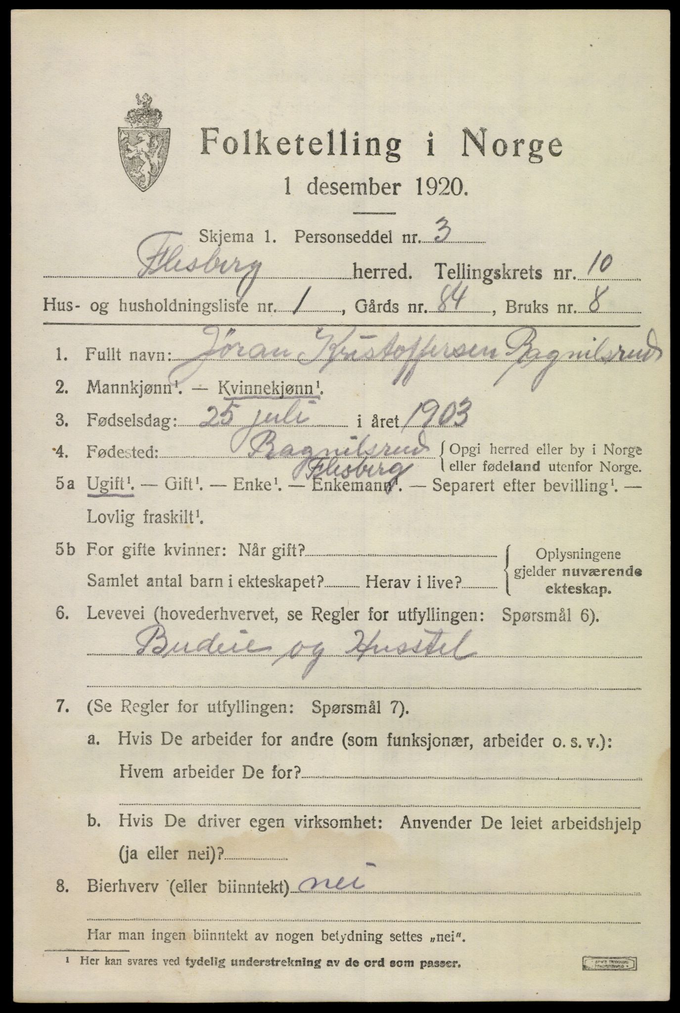 SAKO, 1920 census for Flesberg, 1920, p. 3721