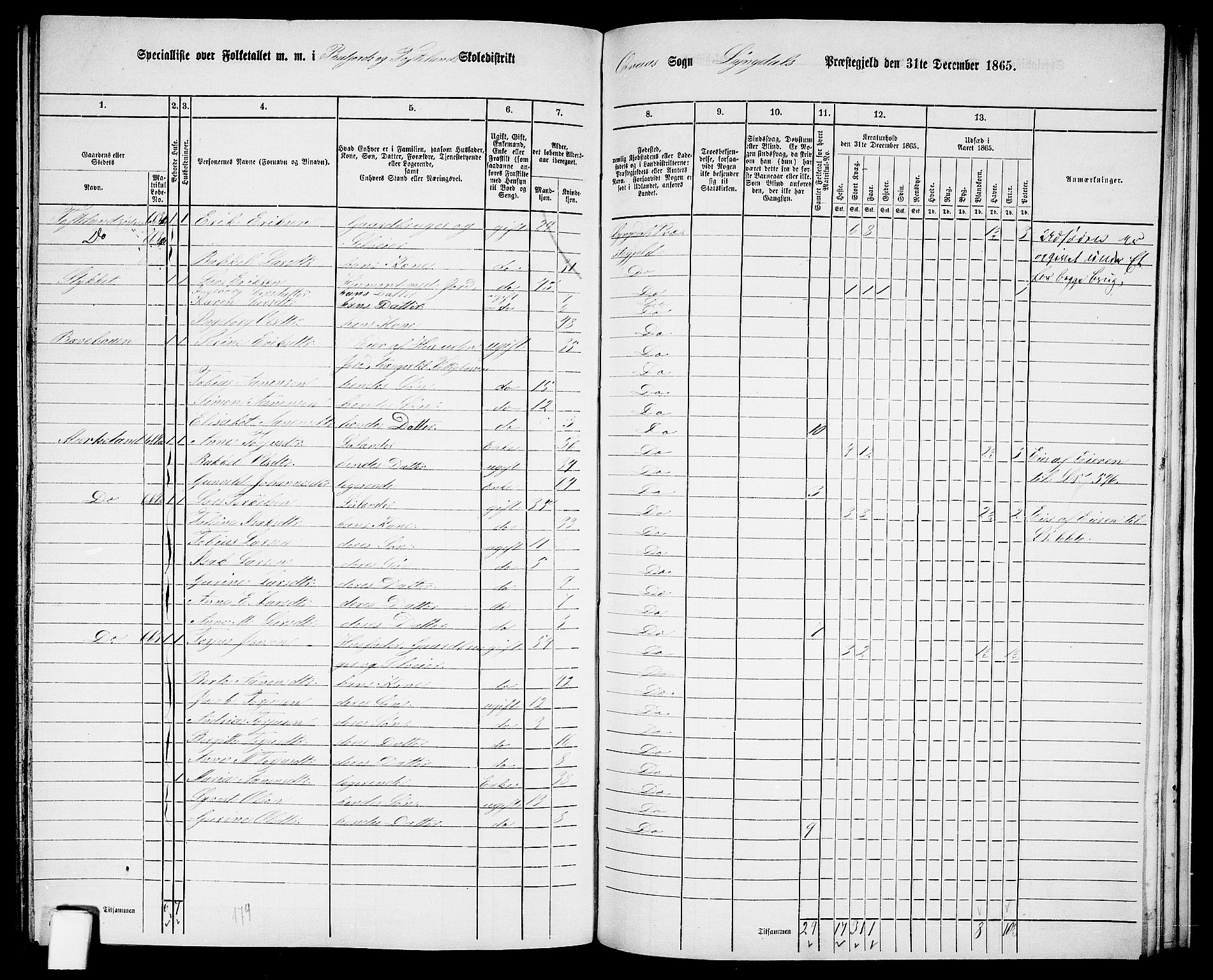 RA, 1865 census for Lyngdal, 1865, p. 223