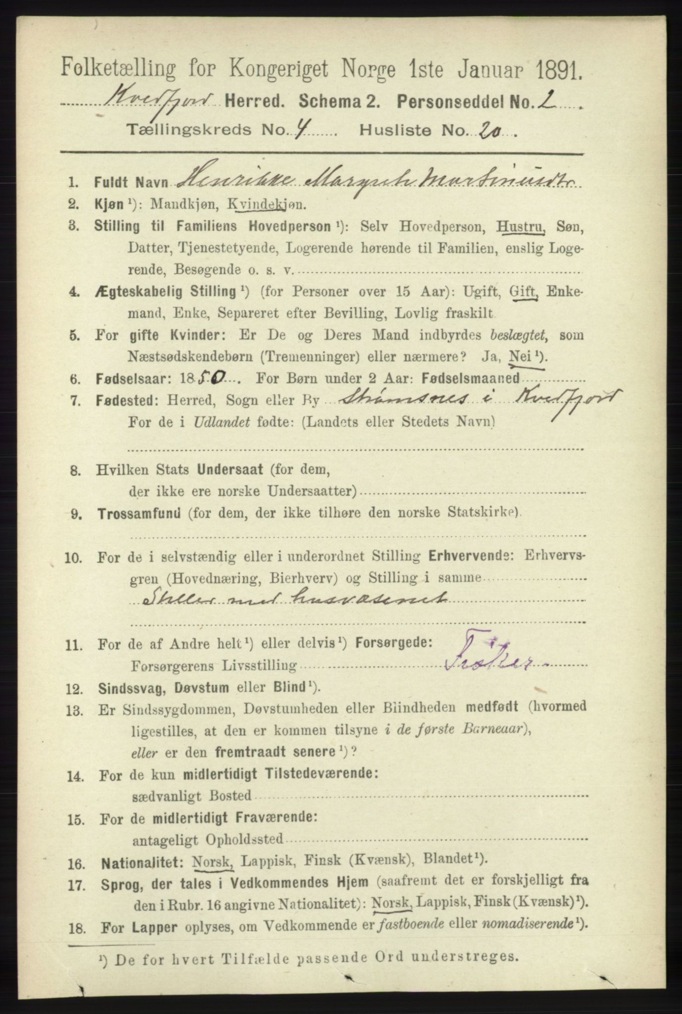 RA, 1891 census for 1911 Kvæfjord, 1891, p. 2007