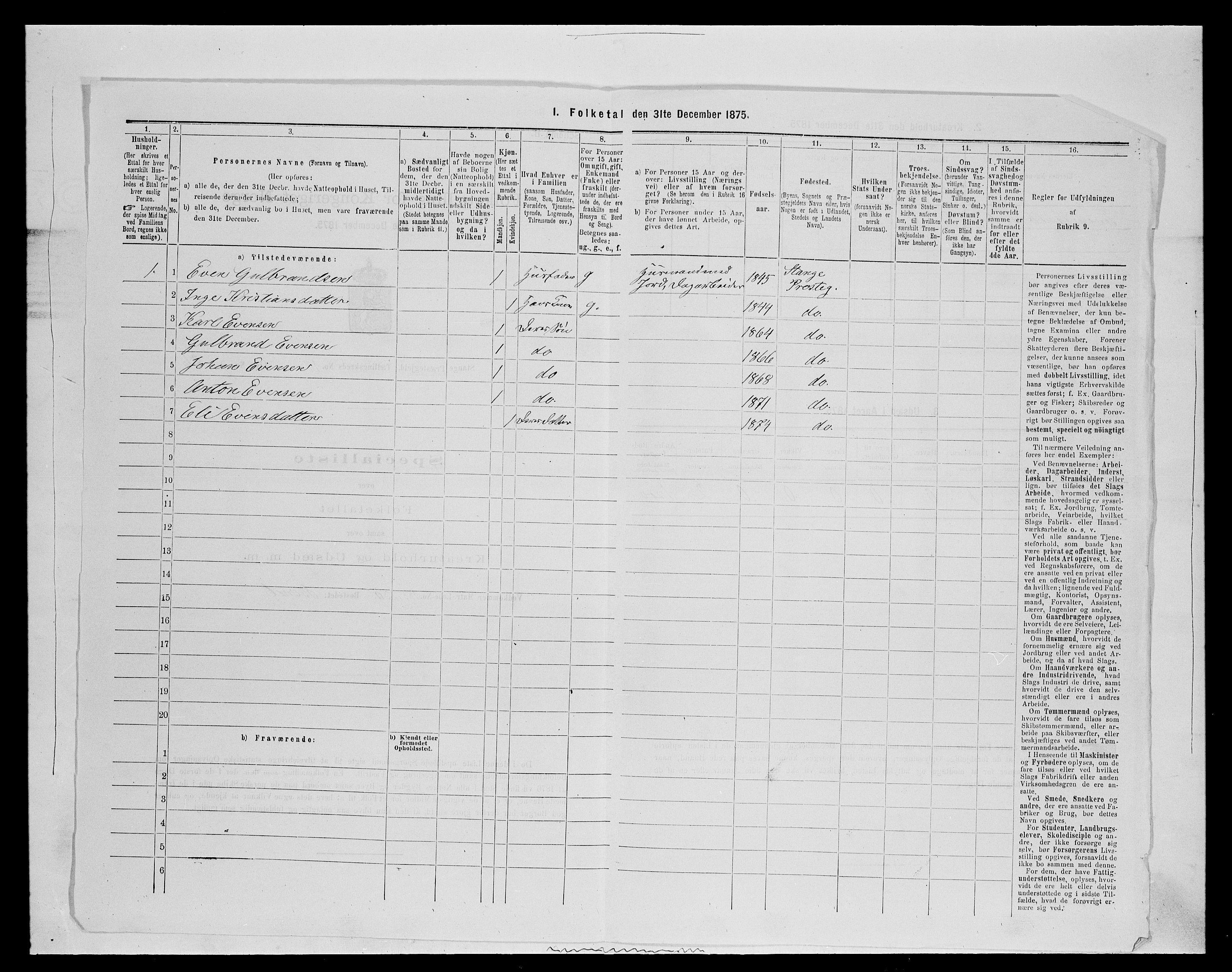 SAH, 1875 census for 0417P Stange, 1875, p. 1819