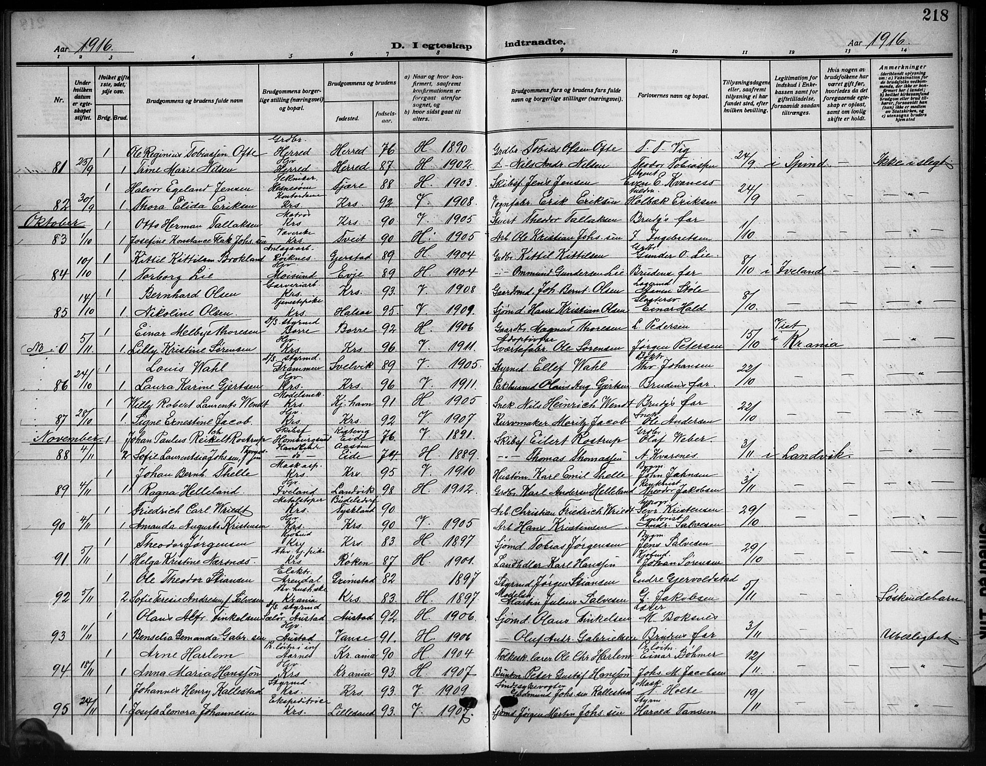 Kristiansand domprosti, SAK/1112-0006/F/Fb/L0021: Parish register (copy) no. B 21, 1914-1923, p. 218