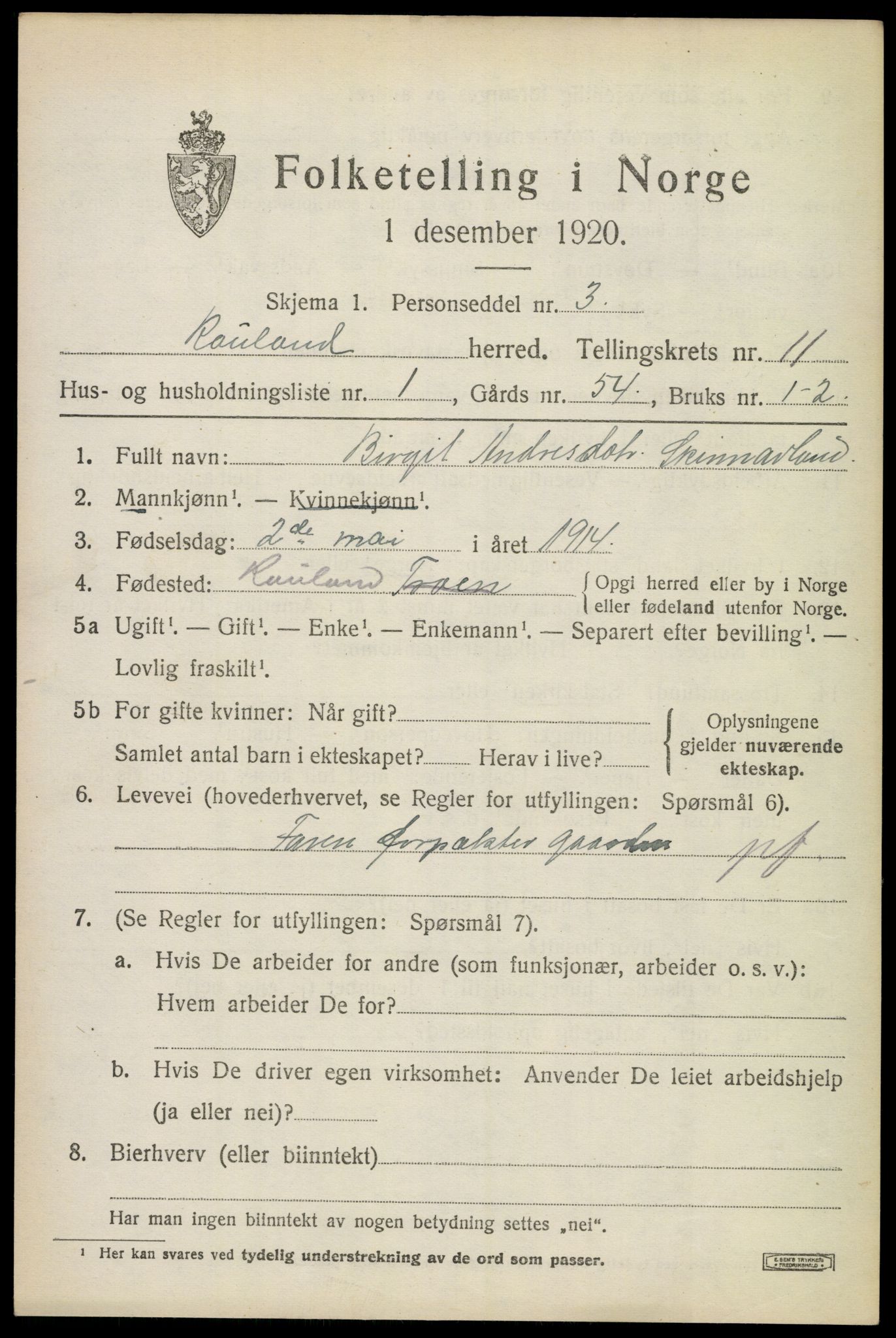 SAKO, 1920 census for Rauland, 1920, p. 2444