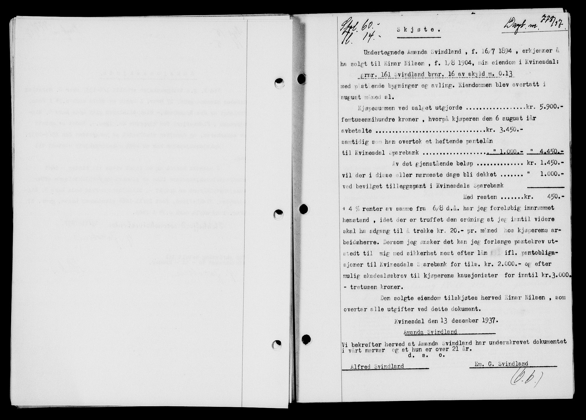 Flekkefjord sorenskriveri, SAK/1221-0001/G/Gb/Gba/L0054: Mortgage book no. A-2, 1937-1938, Diary no: : 778/1937