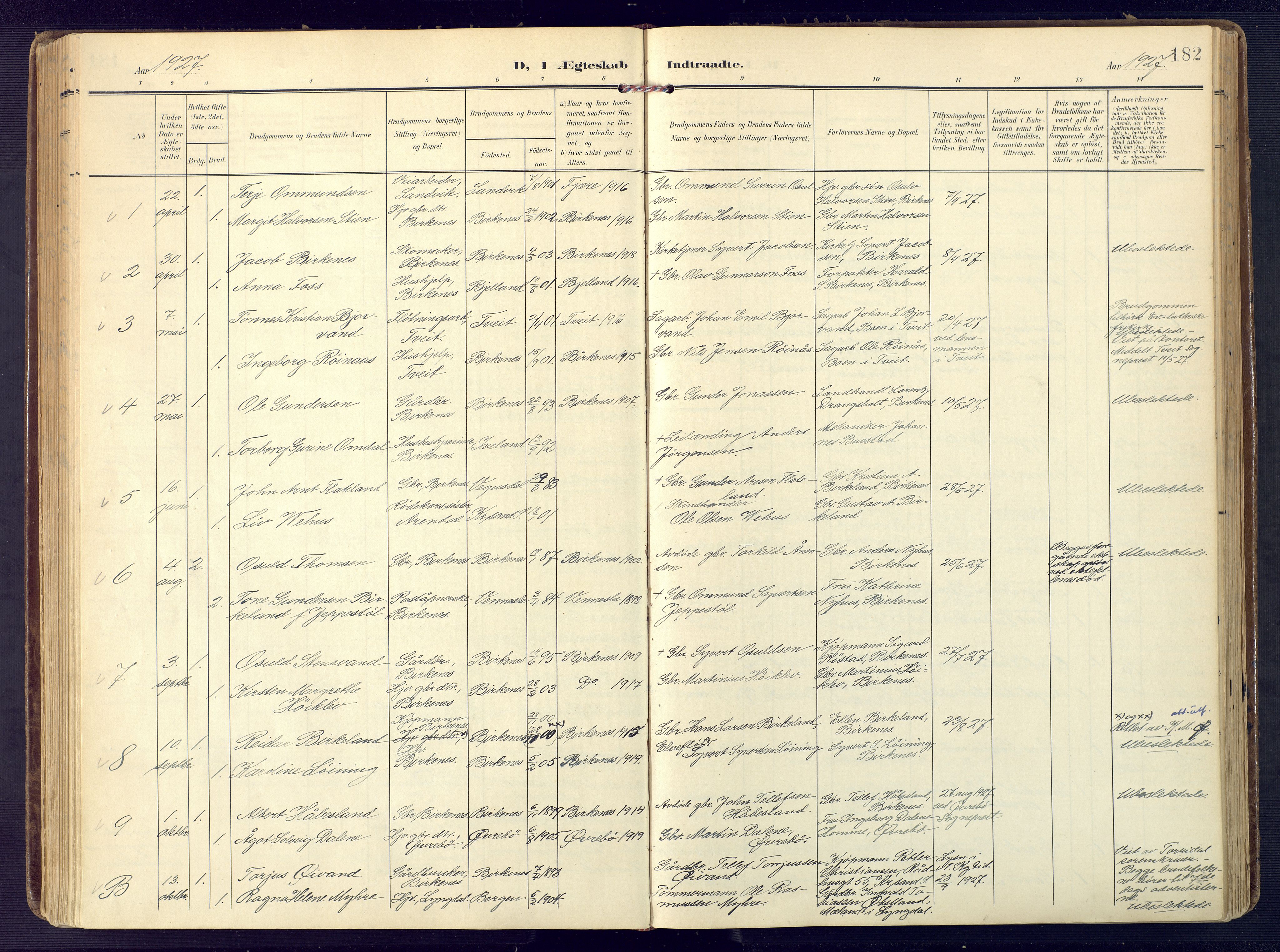 Birkenes sokneprestkontor, SAK/1111-0004/F/Fa/L0006: Parish register (official) no. A 6, 1908-1932, p. 182