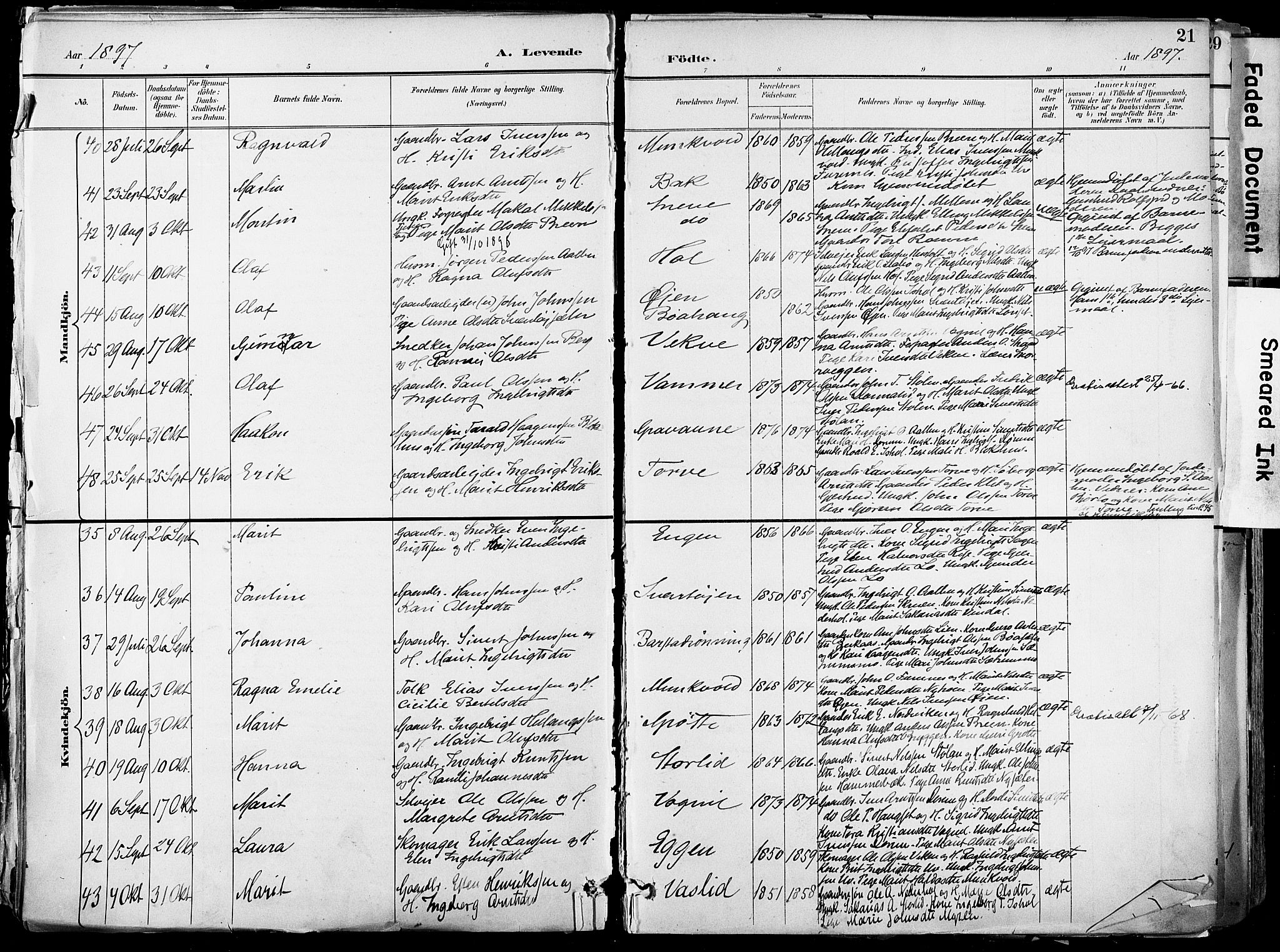 Ministerialprotokoller, klokkerbøker og fødselsregistre - Sør-Trøndelag, AV/SAT-A-1456/678/L0902: Parish register (official) no. 678A11, 1895-1911, p. 21