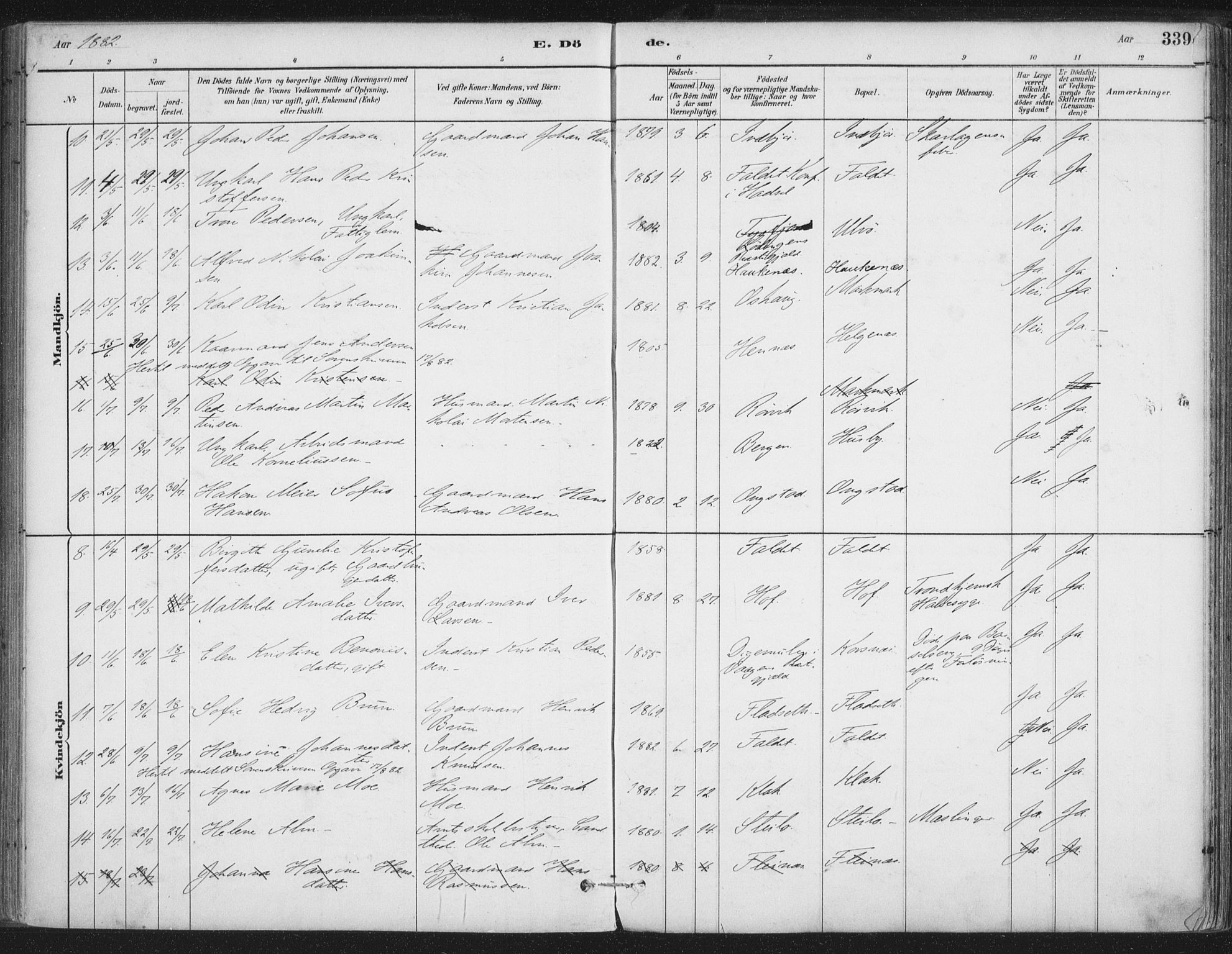 Ministerialprotokoller, klokkerbøker og fødselsregistre - Nordland, SAT/A-1459/888/L1244: Parish register (official) no. 888A10, 1880-1890, p. 339