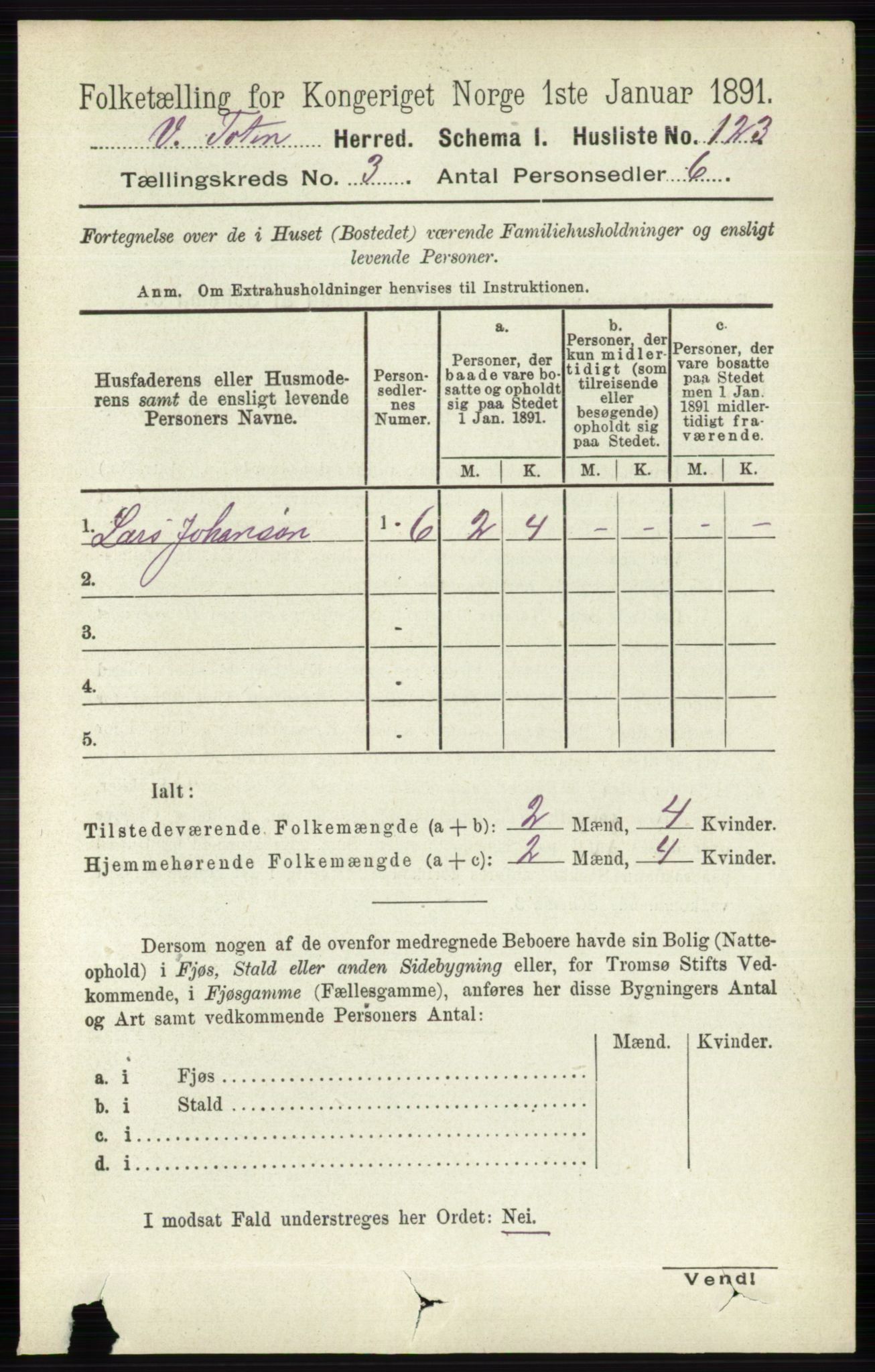 RA, 1891 census for 0529 Vestre Toten, 1891, p. 1988