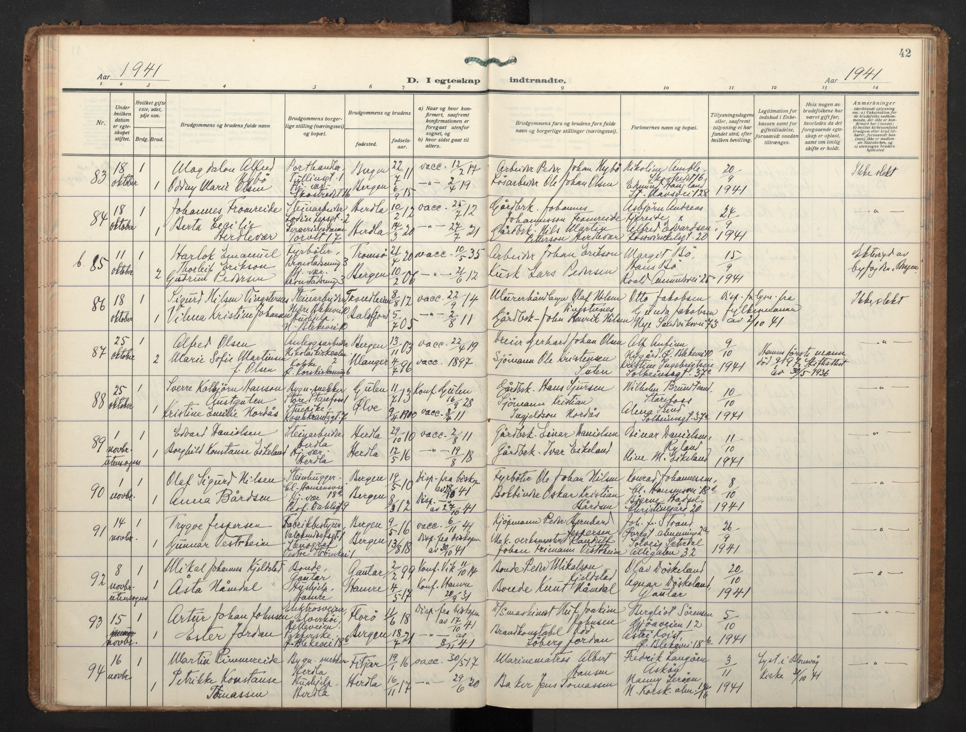 Korskirken sokneprestembete, AV/SAB-A-76101/H/Haa/L0040: Parish register (official) no. D 7, 1938-1952, p. 41b-42a